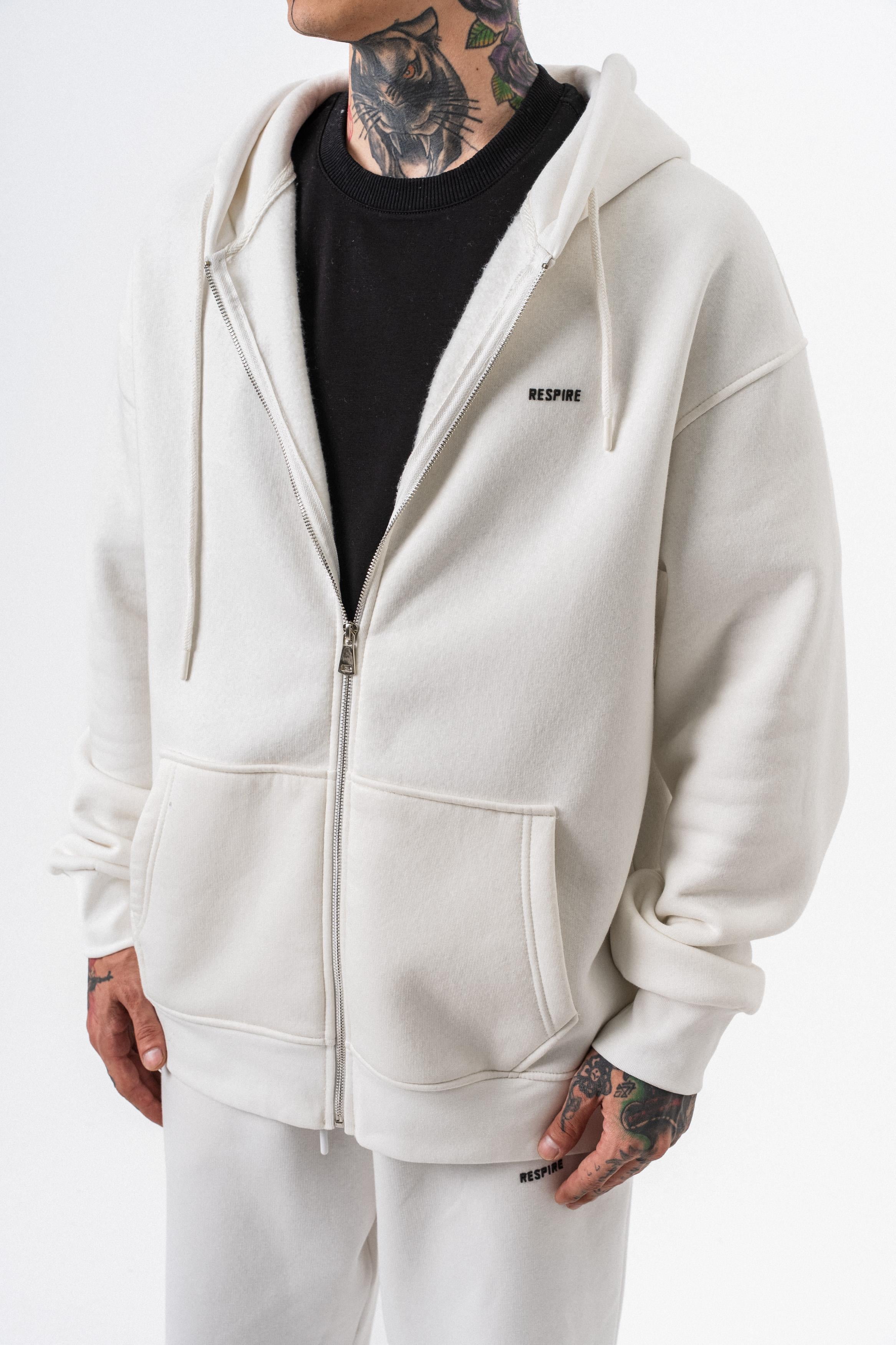Erkek Respire Yazı Detaylı Kapüşonlu Basic Zip Oversize Hoodie Ekru