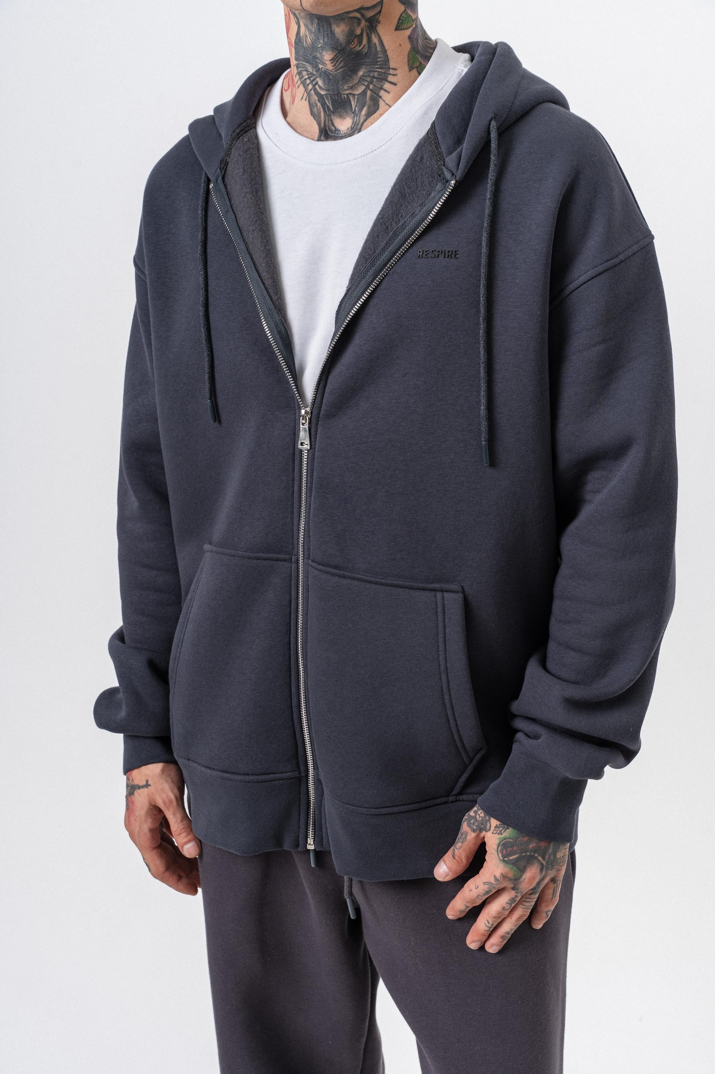 Erkek Respire Yazı Detaylı Kapüşonlu Basic Zip Oversize Hoodie Füme
