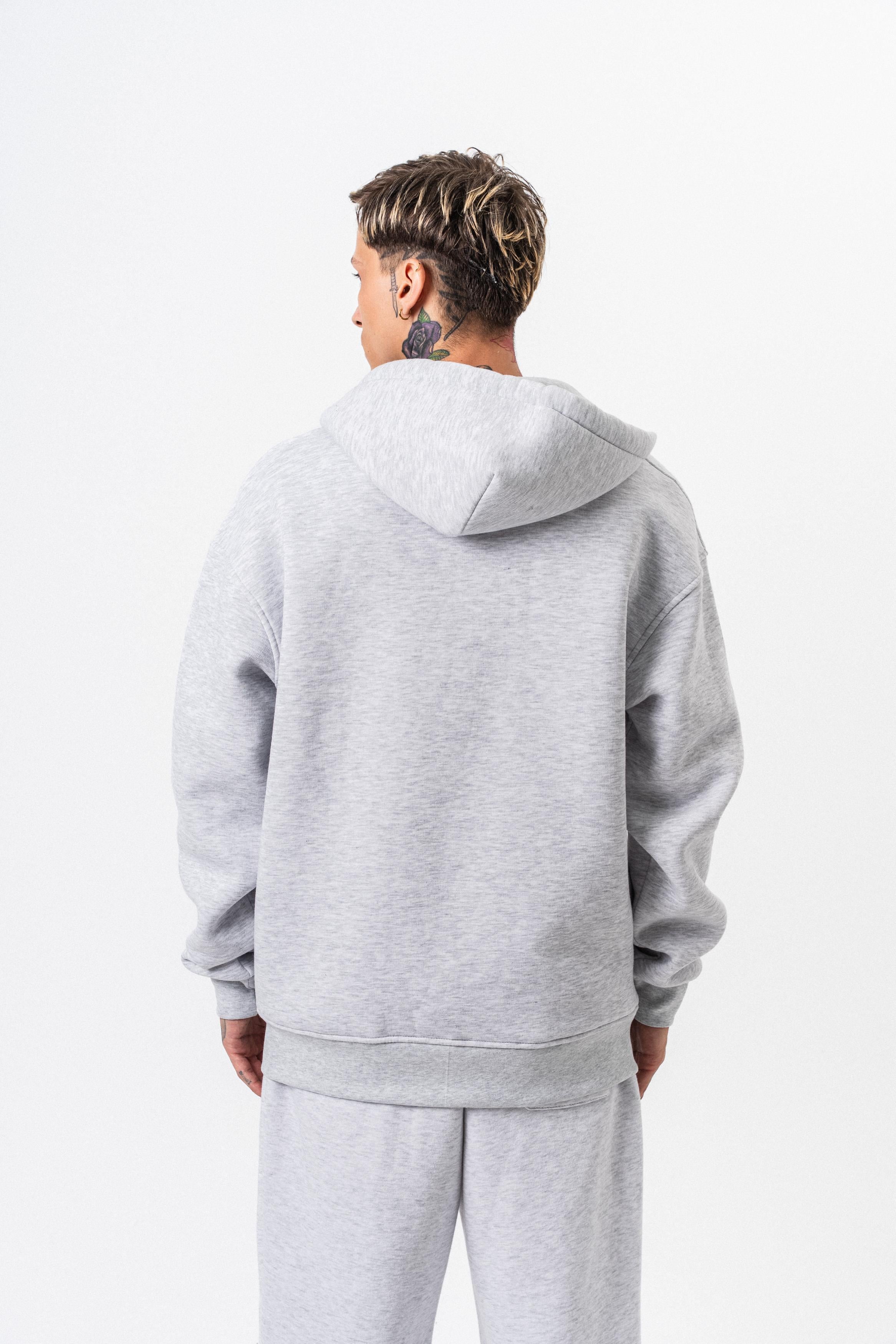 Erkek Respire Yazı Detaylı Kapüşonlu Basic Zip Oversize Hoodie Kar Melanj