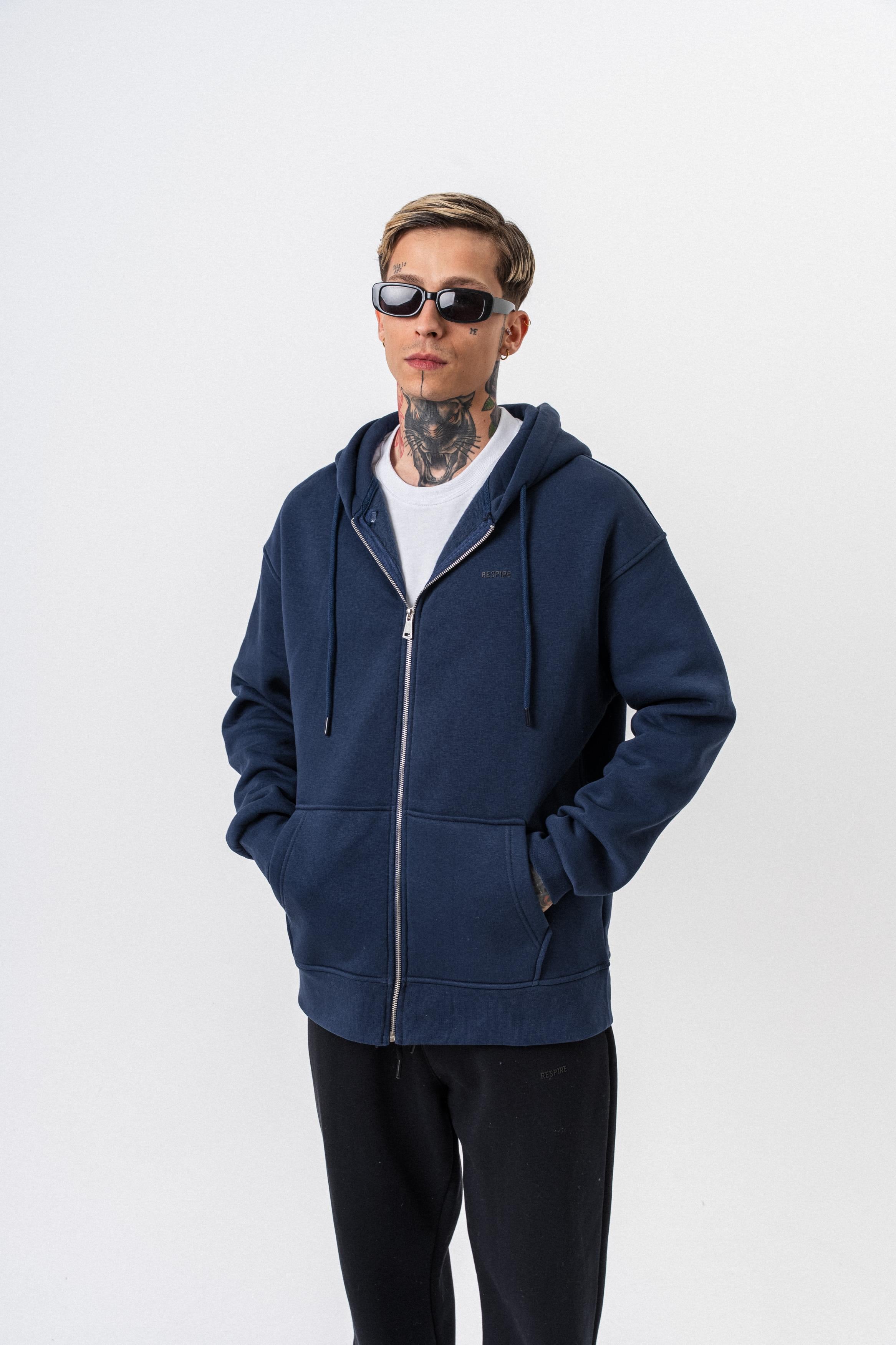Erkek Respire Yazı Detaylı Kapüşonlu Basic Zip Oversize Hoodie Lacivert
