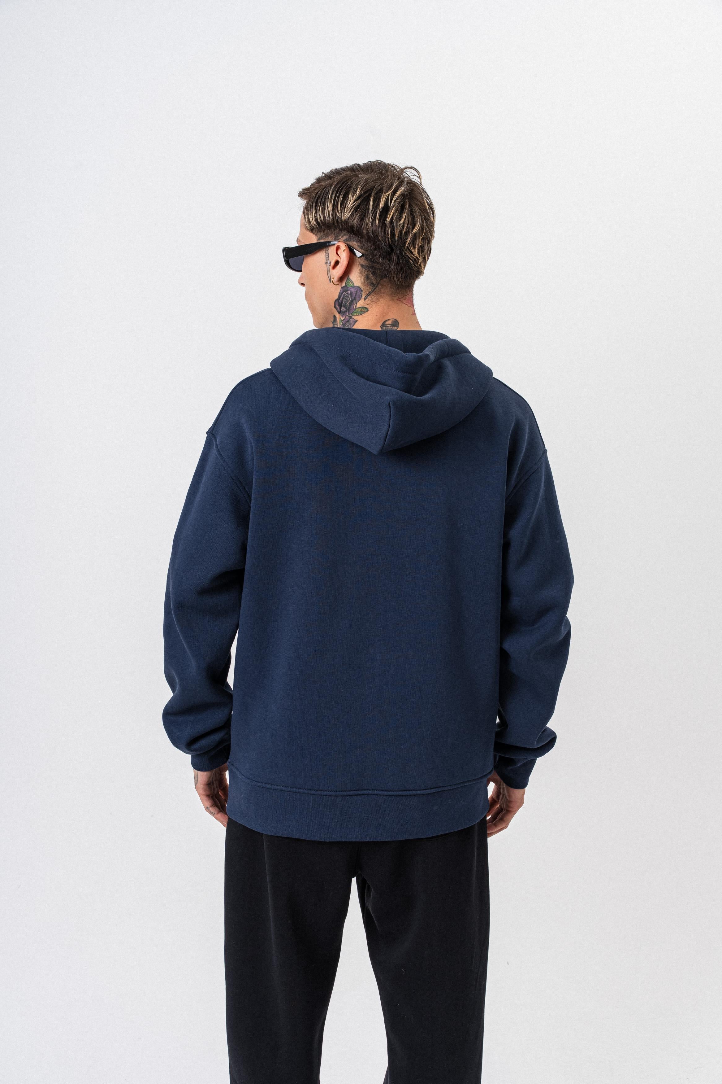 Erkek Respire Yazı Detaylı Kapüşonlu Basic Zip Oversize Hoodie Lacivert