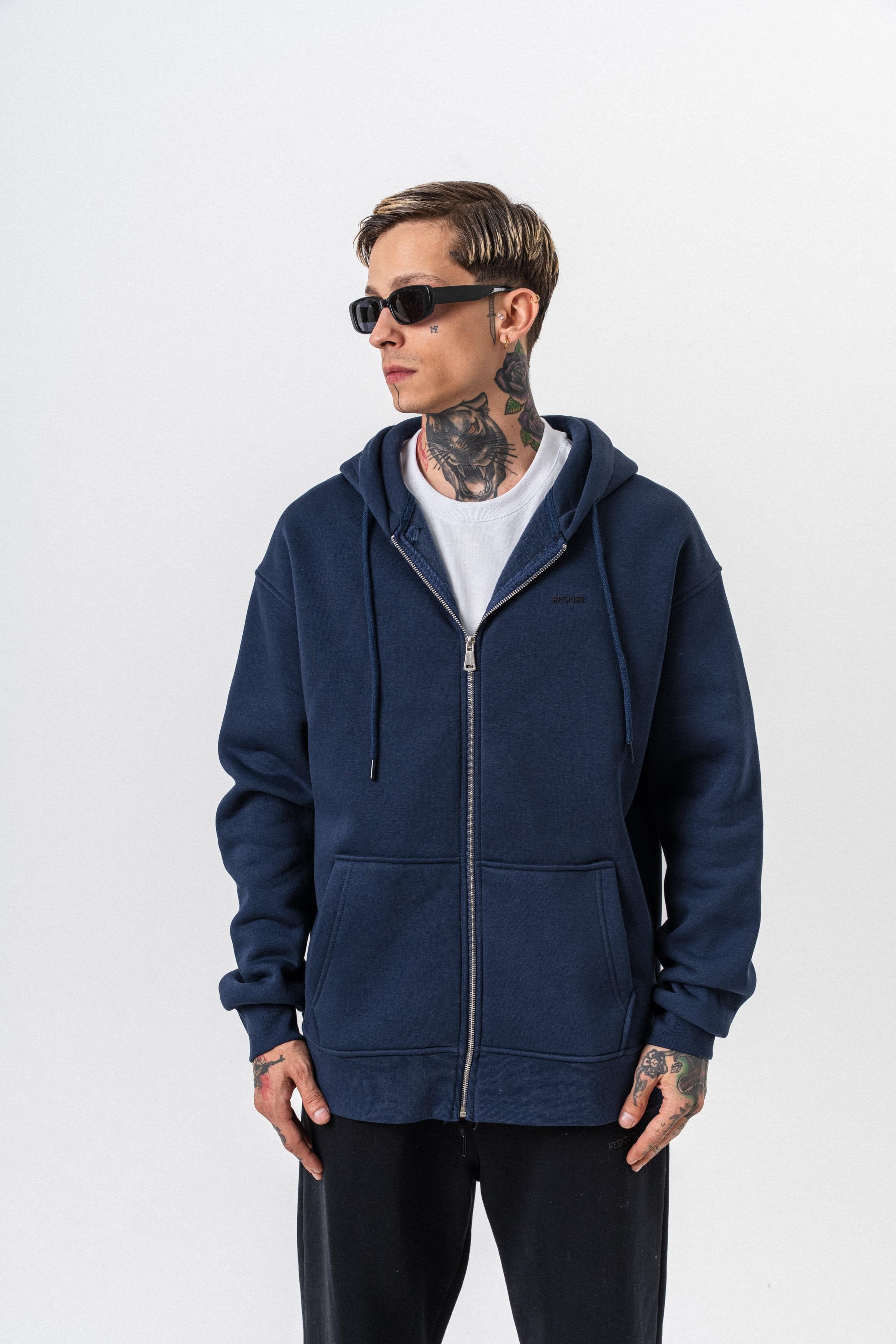 Erkek Respire Yazı Detaylı Kapüşonlu Basic Zip Oversize Hoodie Lacivert
