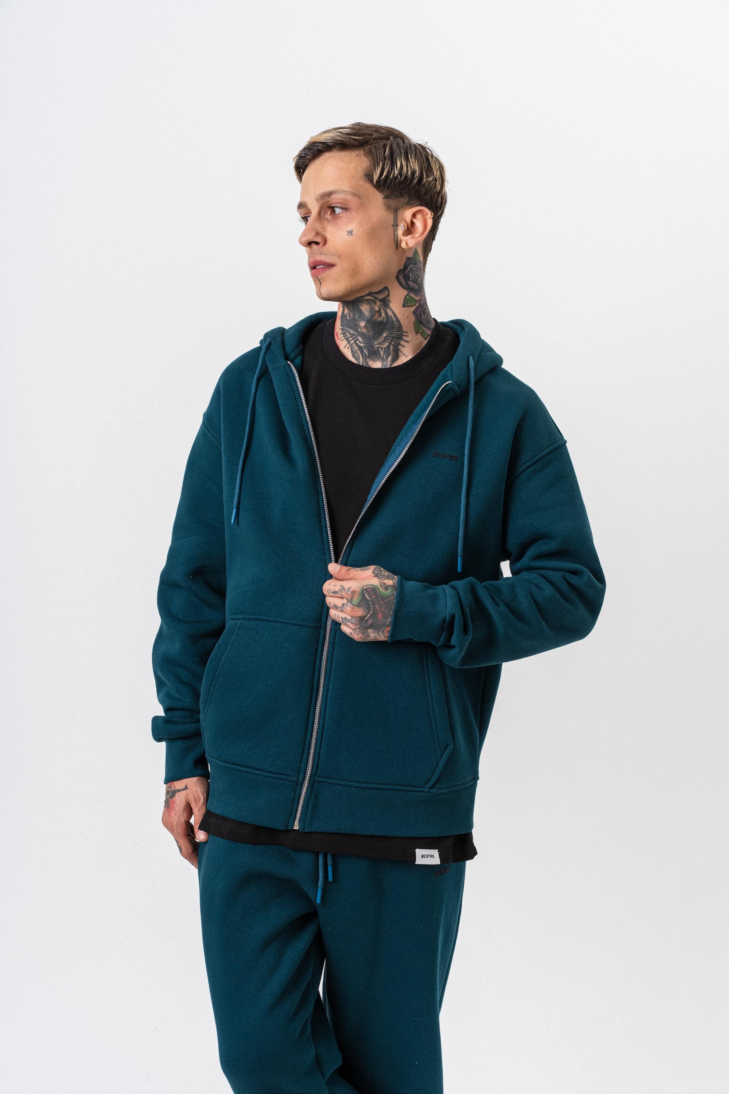Erkek Respire Yazı Detaylı Kapüşonlu Basic Zip Oversize Hoodie Zümrüt