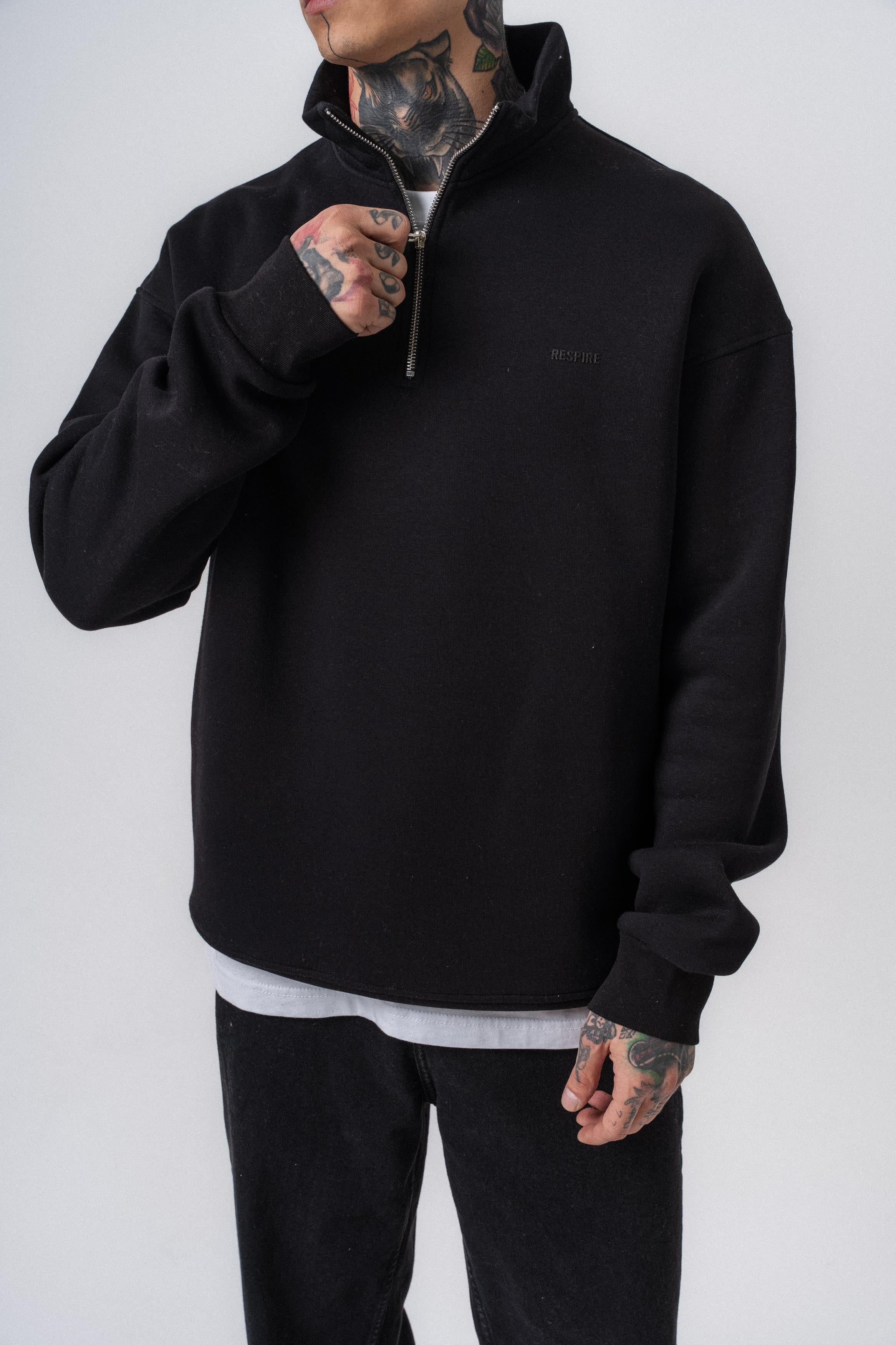 Erkek Respire Yazı Detaylı Yarım Fermuarlı Basic Sweatshirt Siyah