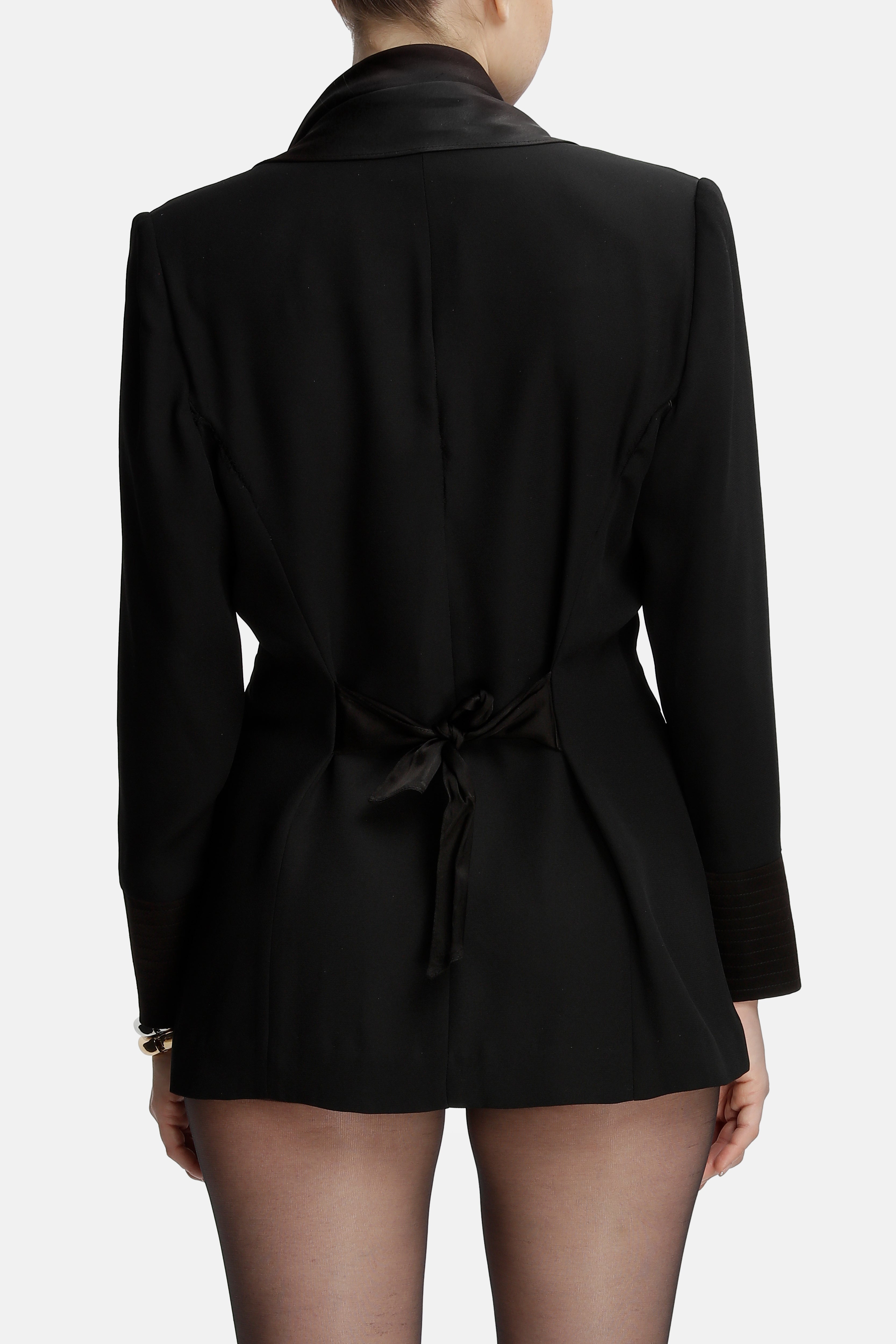 Roccie-Laura Double Breasted Satin Trimmed Crepe Blazer-Blazer Ceket-4-Milagron.com