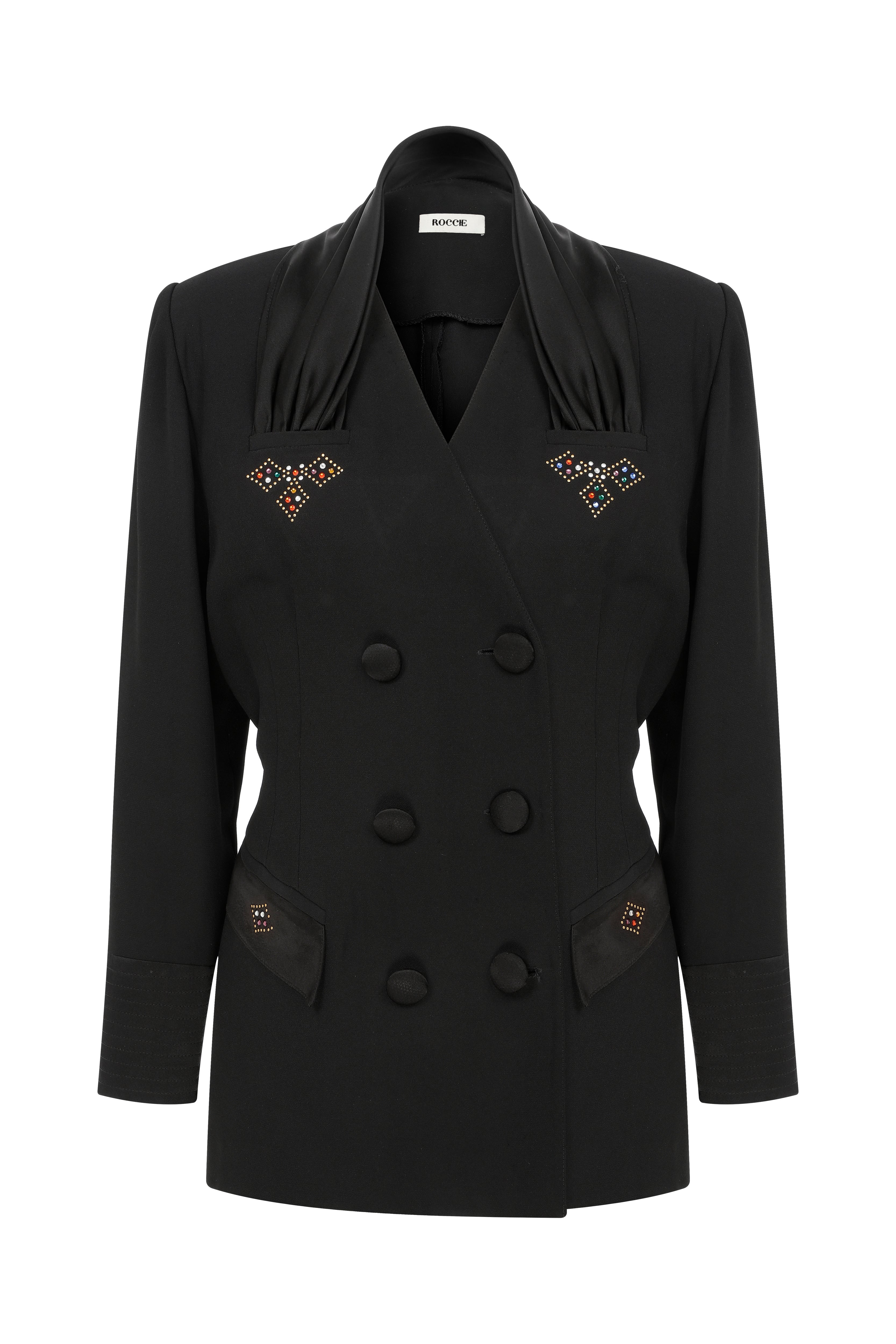 Roccie-Laura Double Breasted Satin Trimmed Crepe Blazer-Blazer Ceket-5-Milagron.com