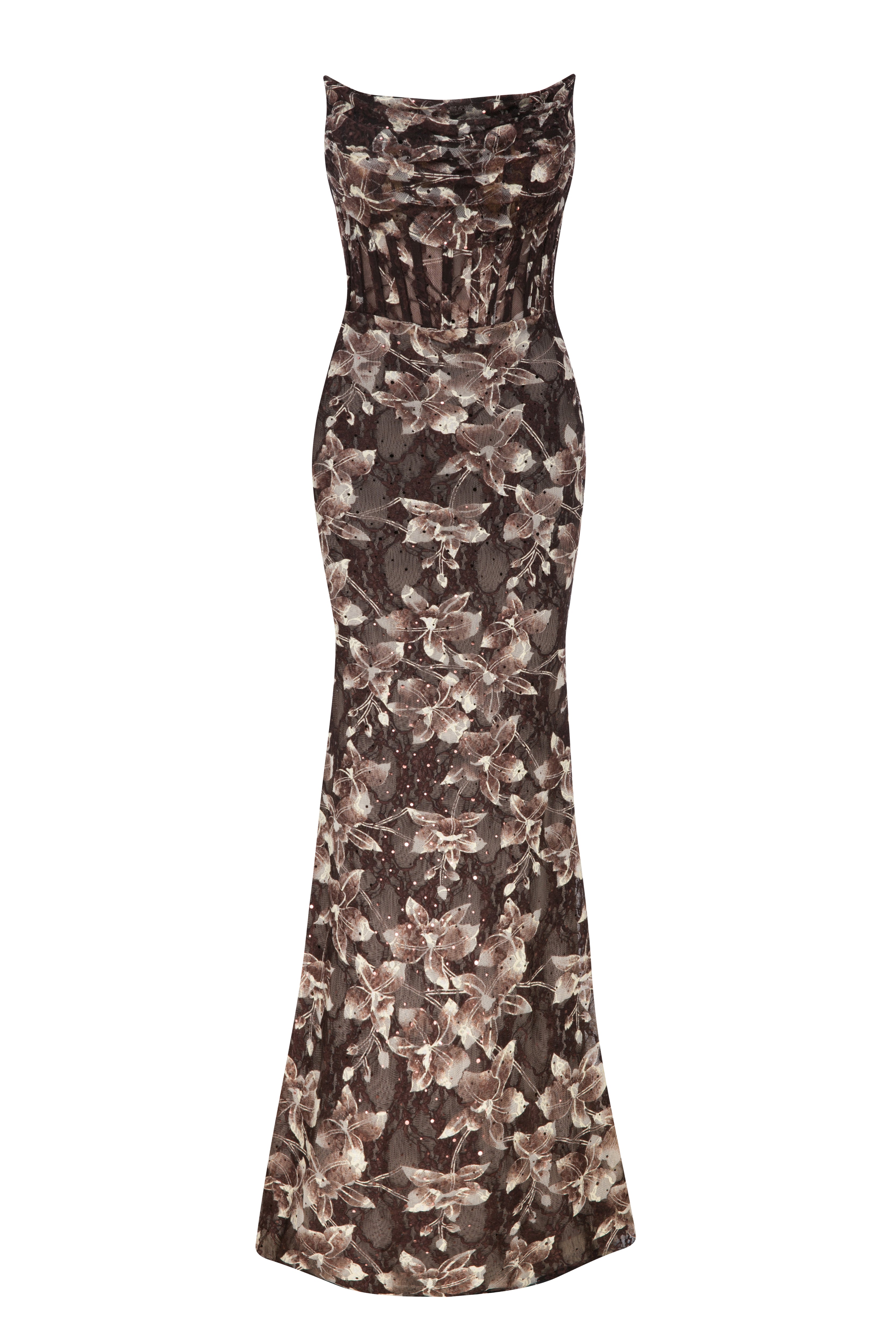 Roccie-Leila Brown Draped Lace Maxi Dress-ELBİSE-1-Milagron.com