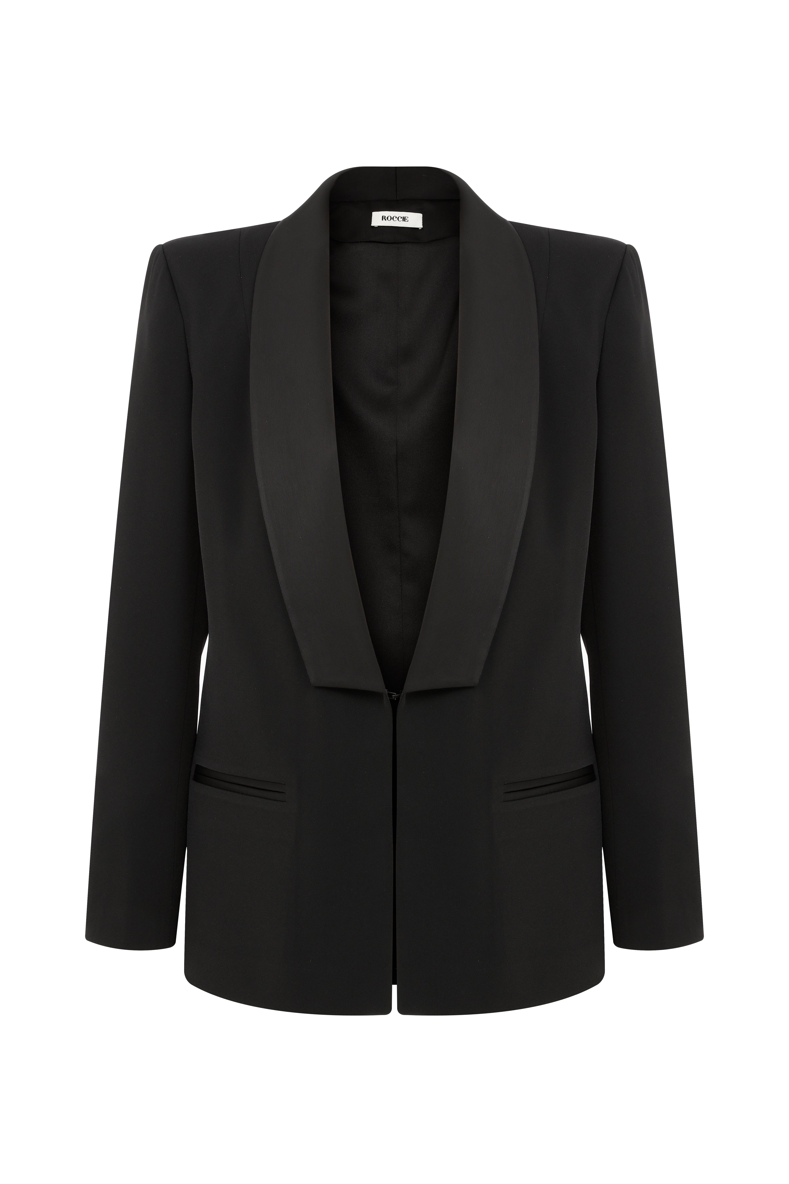 Roccie-Marlena Satin Trimmed Crepe Blazer-Ceket-4-Milagron.com