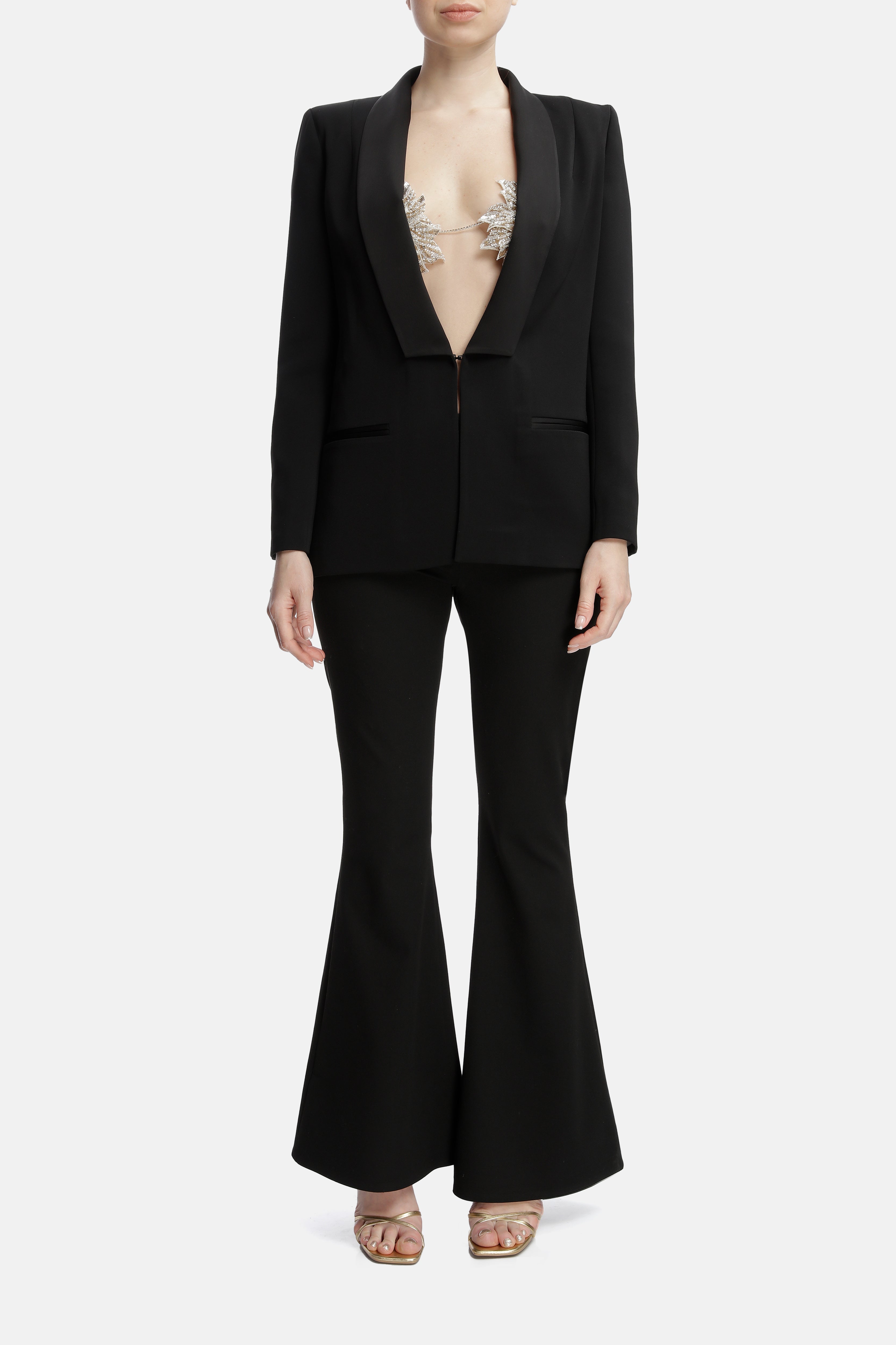Roccie-Marlena Satin Trimmed Crepe Blazer-Ceket-1-Milagron.com