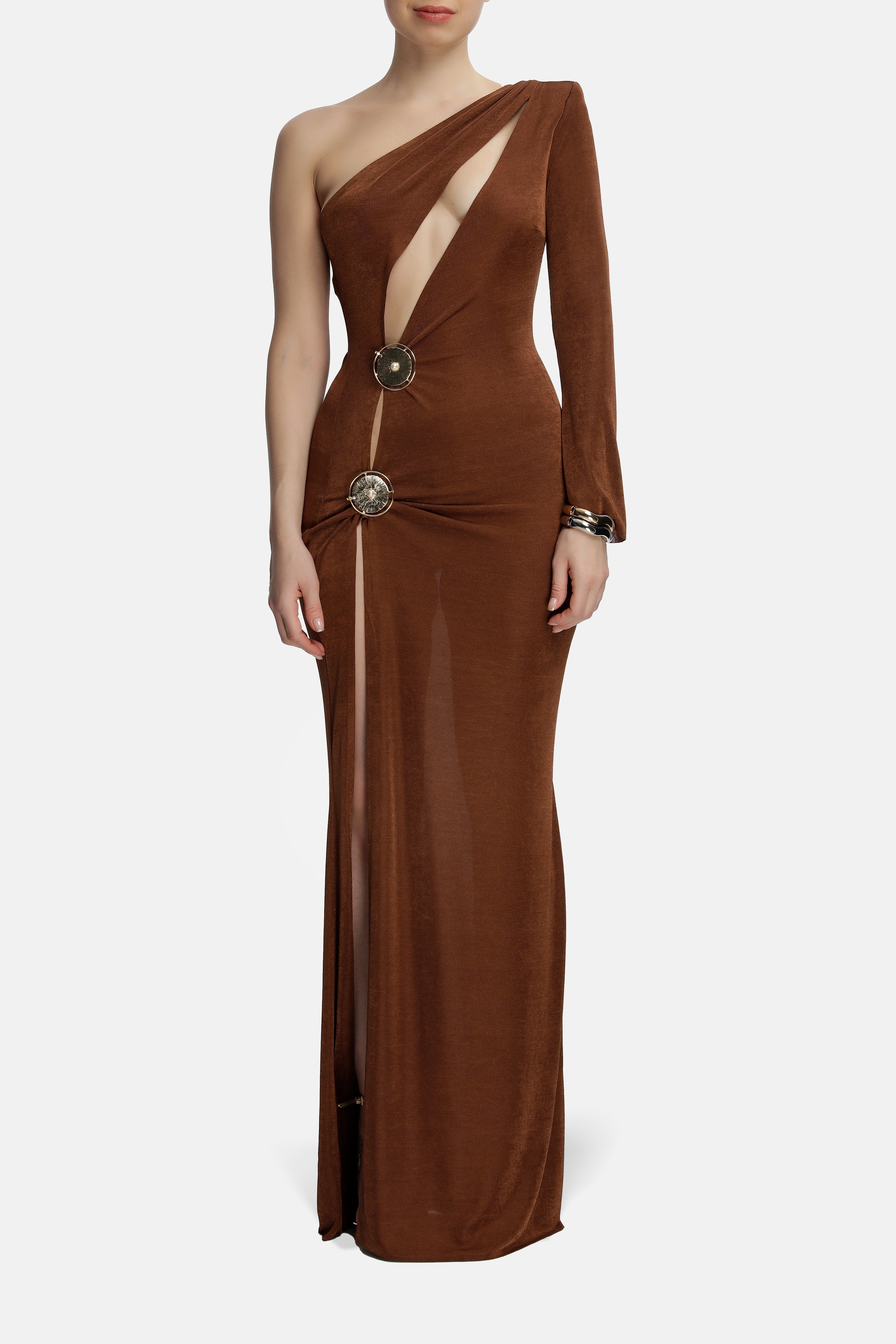Roccie-Olya One Sleeve Embellished Stretch Maxi Dress-Elbise-2-Milagron.com