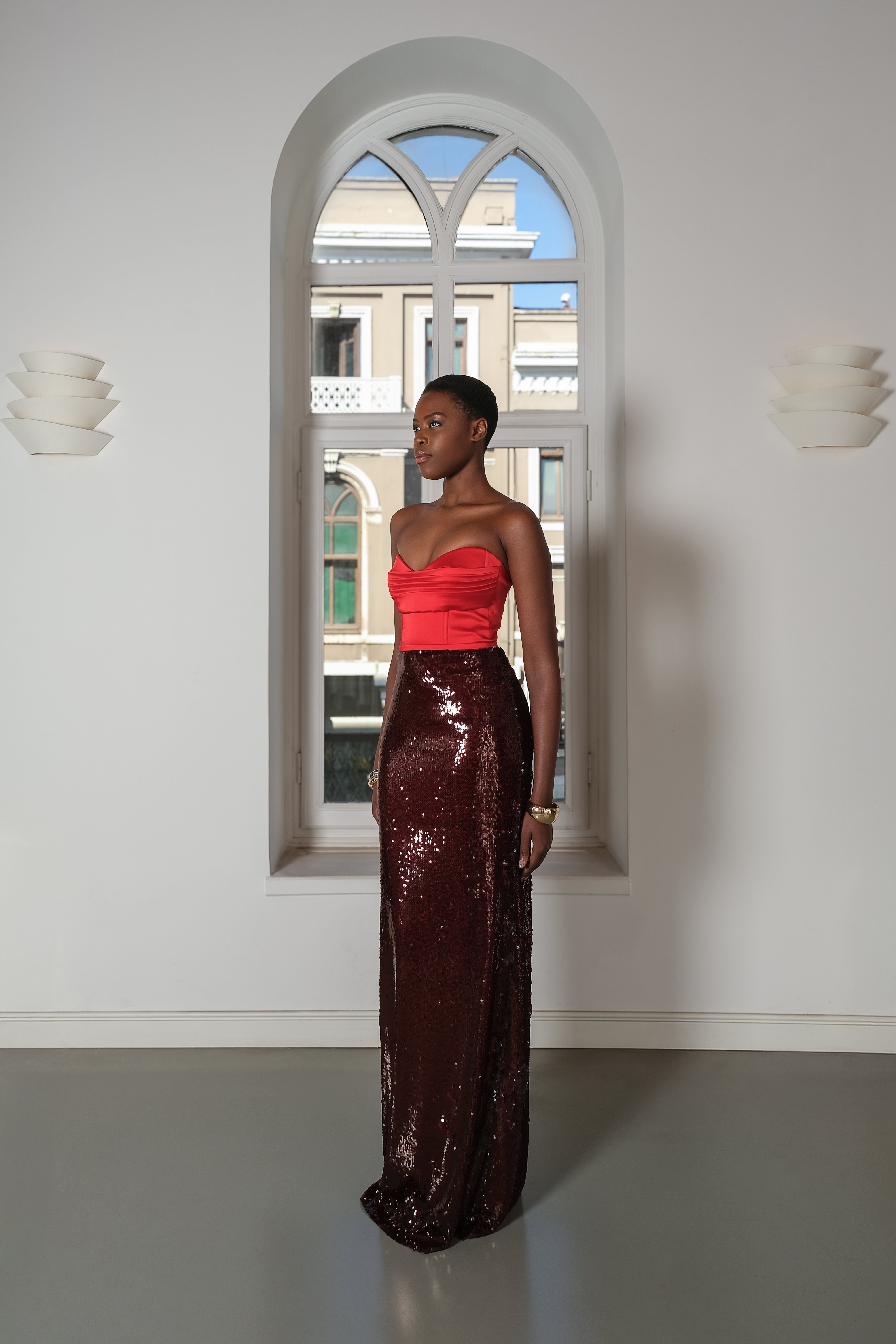 Roccie-Sadie Strapless Long Dress With Draped Satin And Sequin Mix-Elbise-3-Milagron.com