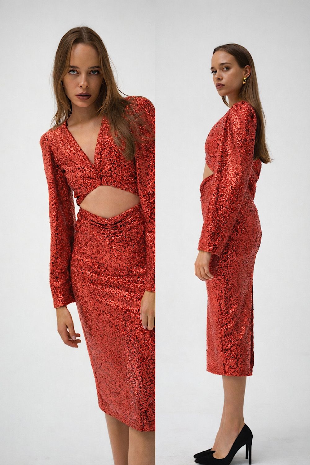 Roselenda Kadın Kırmızı Cut Out Pulpayet Davet Midi Vatkalı Elbise Abiye - 3