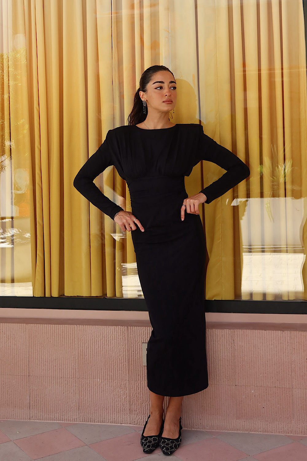 Kadın Siyah Uzun Kollu Midi Elbise - 7