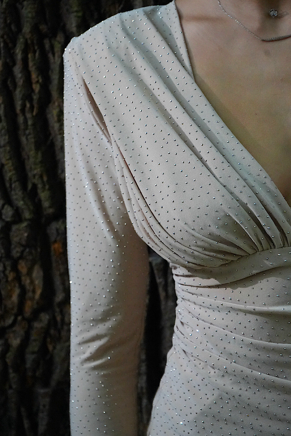 Kadın Taşlı Dik Yaka Krem Midi Vatkalı Elbise Abiye - 2