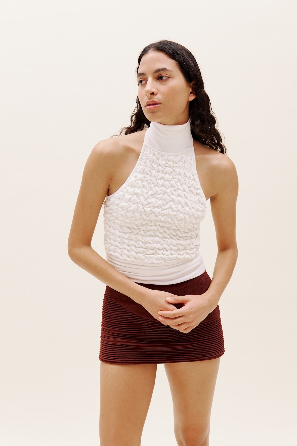 Selia Richwood-Brown Mini Plisse Skirt-Etek-3-Milagron.com