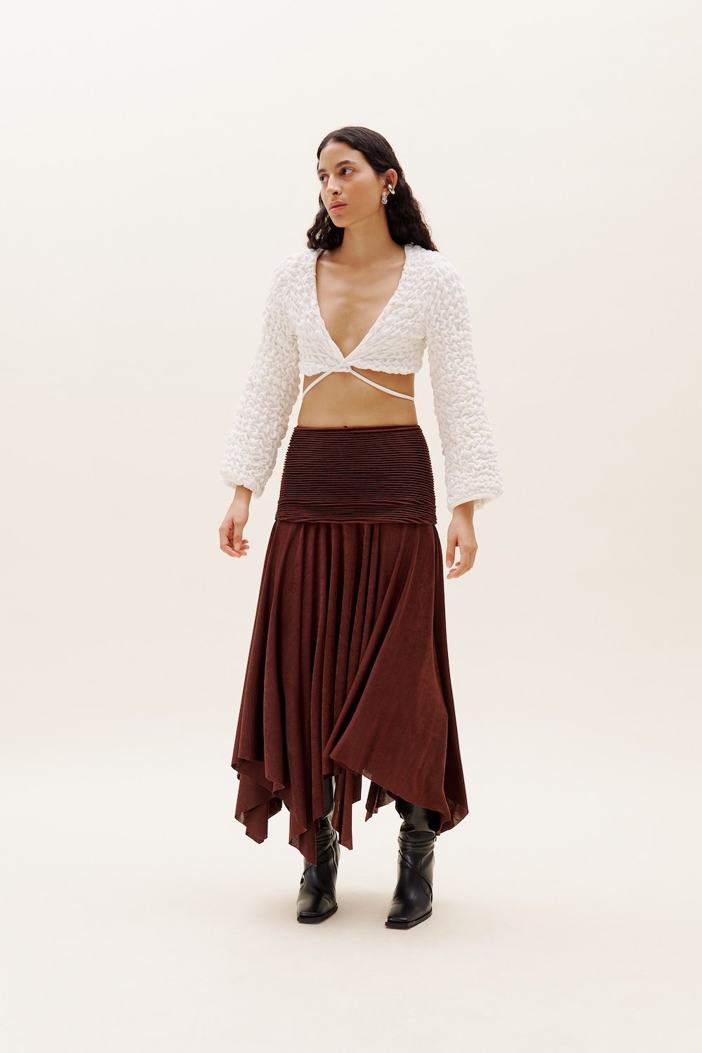 Selia Richwood-Brown Plisse Long Skirt-Etek-6-Milagron.com