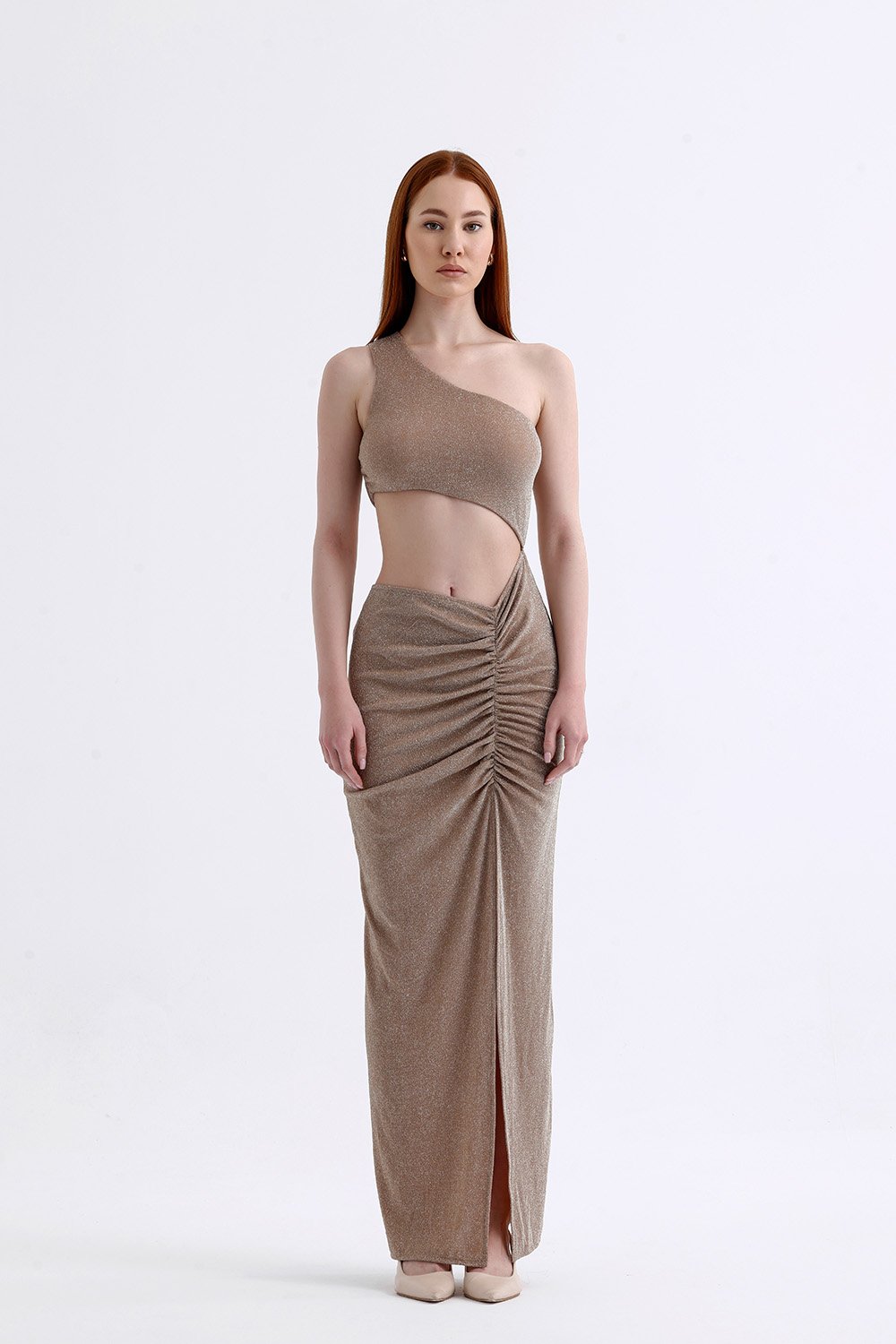 Sellie-Gloria Bej Simli Maxi Elbise-Elbise-1-Milagron.com