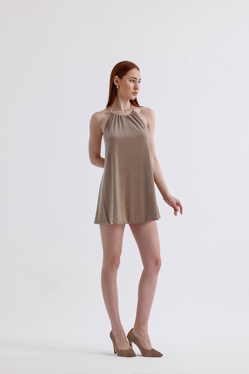 Sellie-Luna Halka Detaylı Mini Elbise - Bej-Elbise-1-Milagron.com