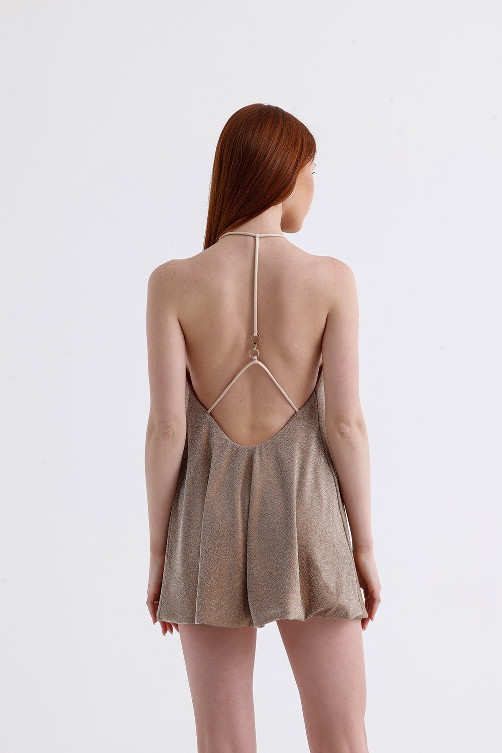 Sellie-Luna Halka Detaylı Mini Elbise - Bej-Elbise-2-Milagron.com