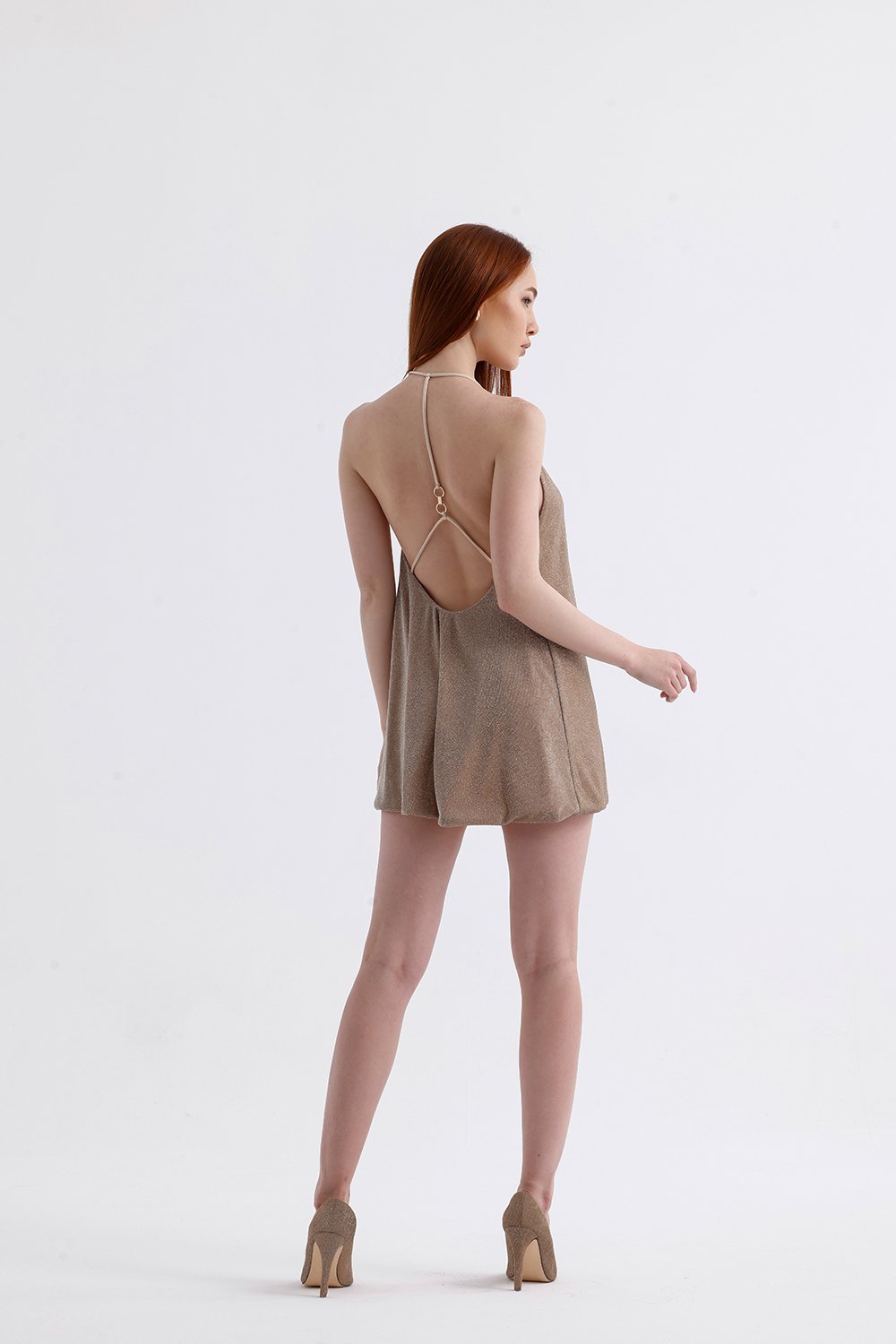 Sellie-Luna Halka Detaylı Mini Elbise - Bej-Elbise-3-Milagron.com