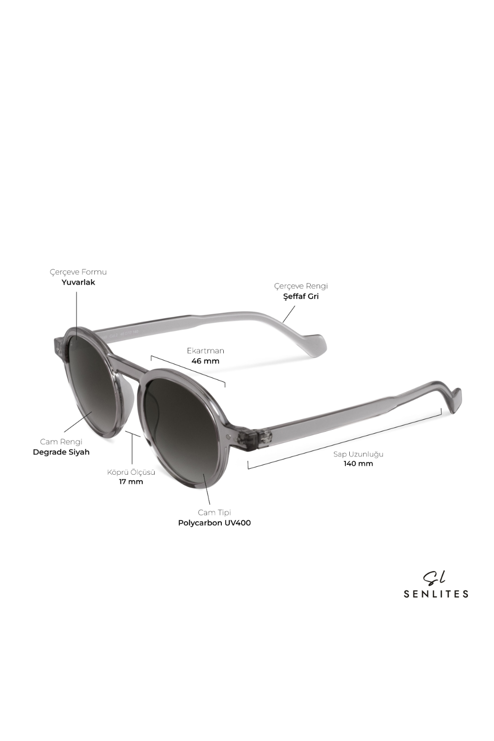 Senlites-Raiane Grigio Unisex Şeffaf Gri Degrade Uv400 Yuvarlak Güneş Gözlüğü-Güneş Gözlüğü-4-Milagron.com