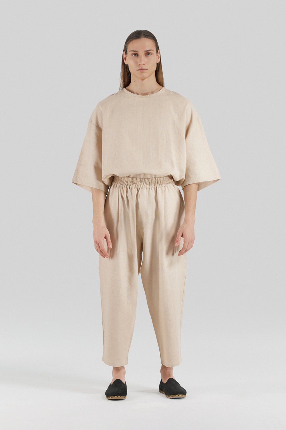 Sertaç Taşdelen-Açık Kahverengi %100 Keten Beli Lastikli Bol Paça Erkek Pantolon Model P 06-Pantolon-2-Milagron.com