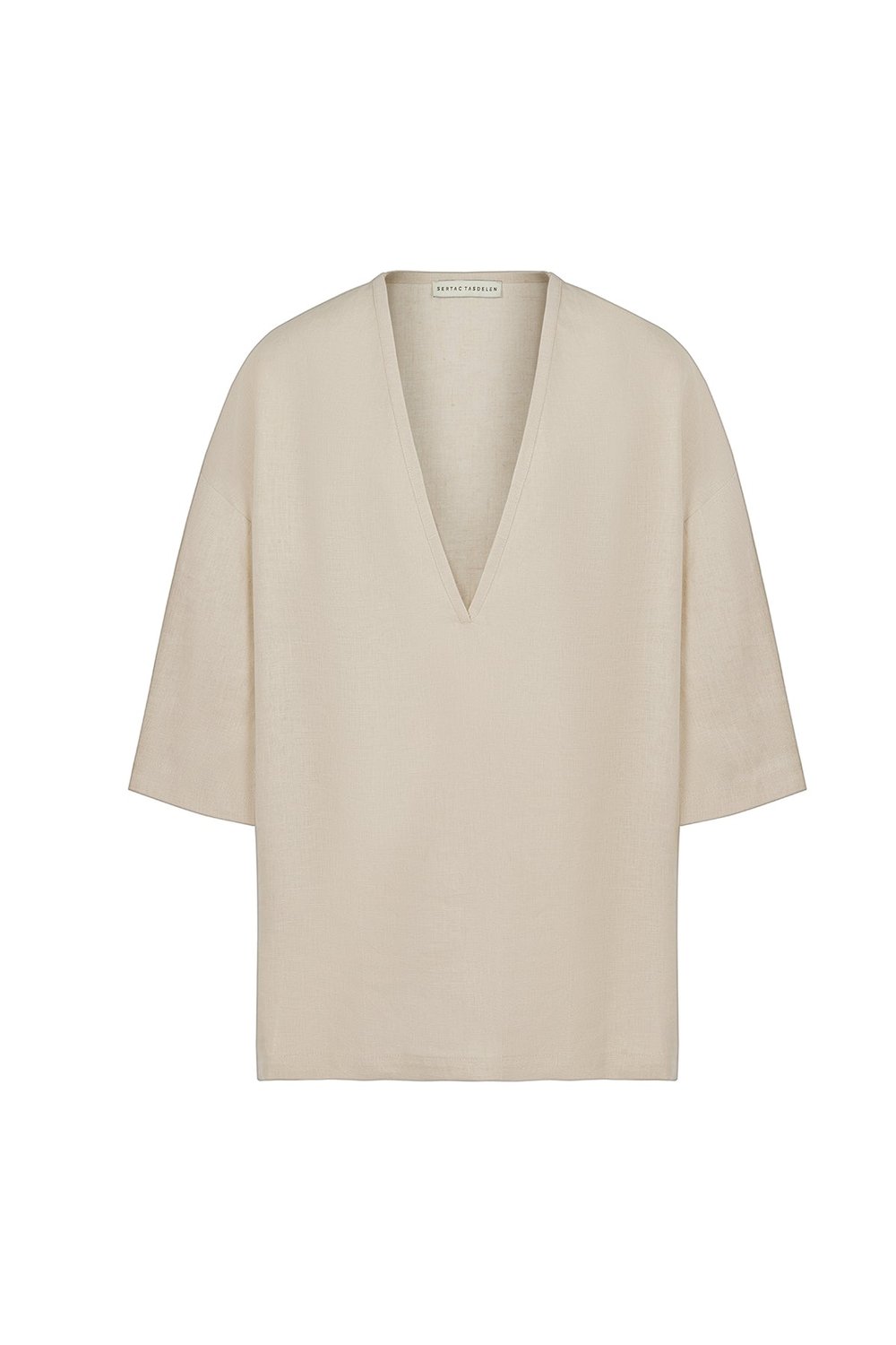 Sertaç Taşdelen-Açık Kahverengi %100 Keten Derin V Yaka Oversized Erkek T-shirt Model T 12-T-Shirts-1-Milagron.com