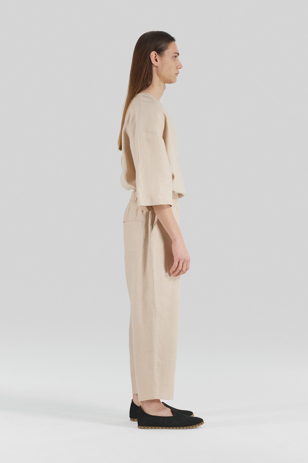 Sertaç Taşdelen-Açık Kahverengi %100 Keten Derin V Yaka Oversized Erkek T-shirt Model T 12-T-Shirts-4-Milagron.com