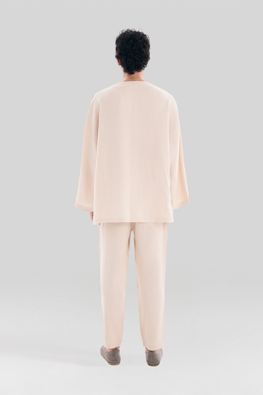 Sertaç Taşdelen-Açık Kahverengi %100 Keten V Yaka Oversized Erkek T-shirt Model T 18-T-Shirts-5-Milagron.com