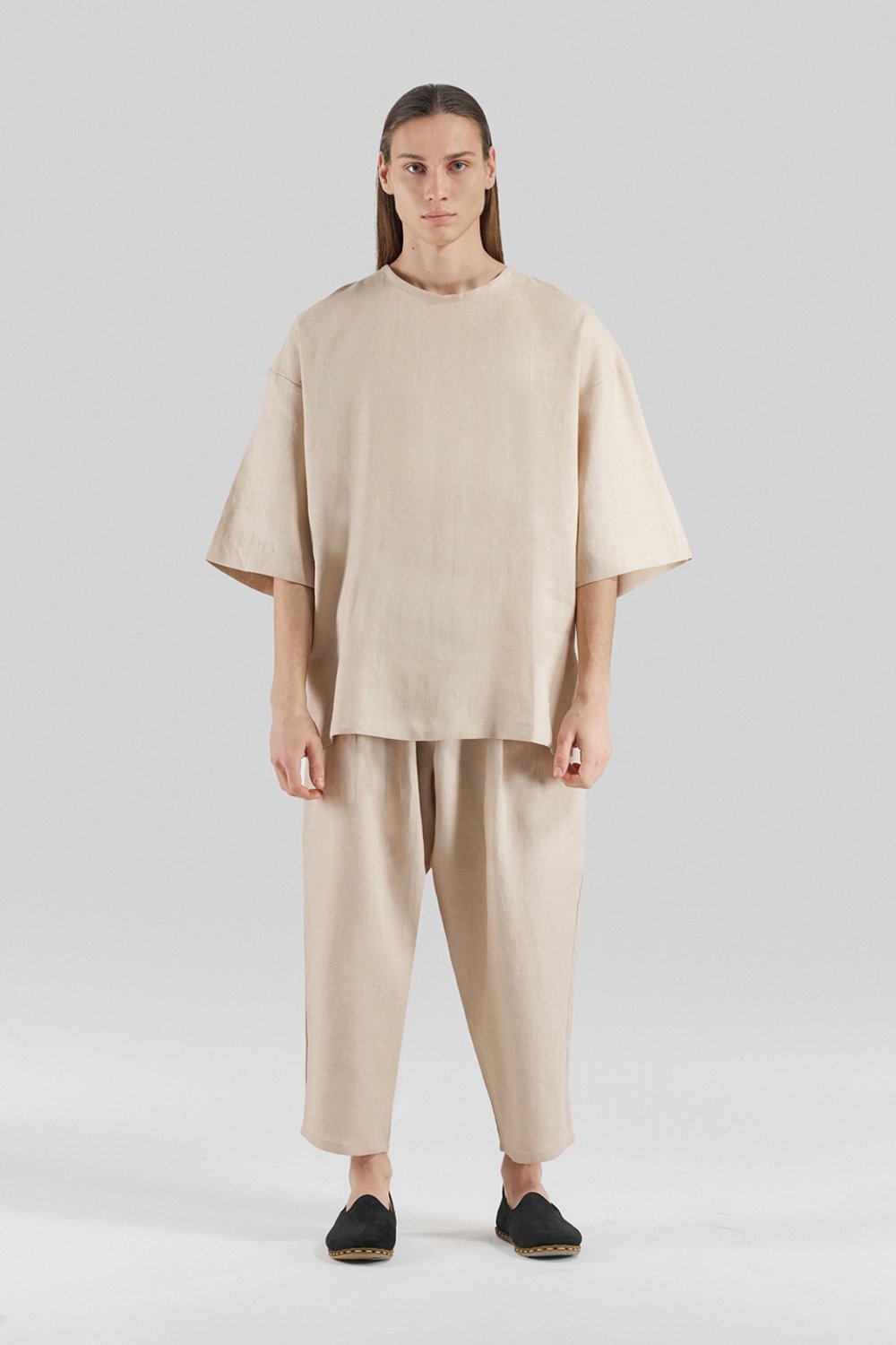 Sertaç Taşdelen-Açık Kahverengi %100 Keten Yuvarlak Yaka Oversized Erkek T-shirt Model T 08-T-Shirts-1-Milagron.com