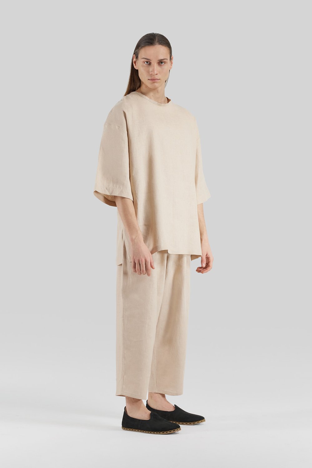 Sertaç Taşdelen-Açık Kahverengi %100 Keten Yuvarlak Yaka Oversized Erkek T-shirt Model T 08-T-Shirts-2-Milagron.com