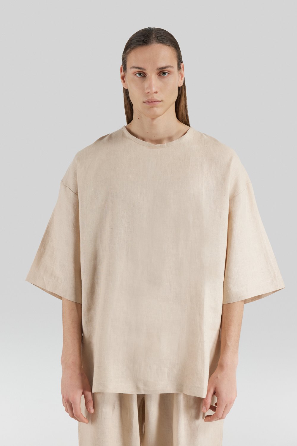 Sertaç Taşdelen-Açık Kahverengi %100 Keten Yuvarlak Yaka Oversized Erkek T-shirt Model T 08-T-Shirts-4-Milagron.com