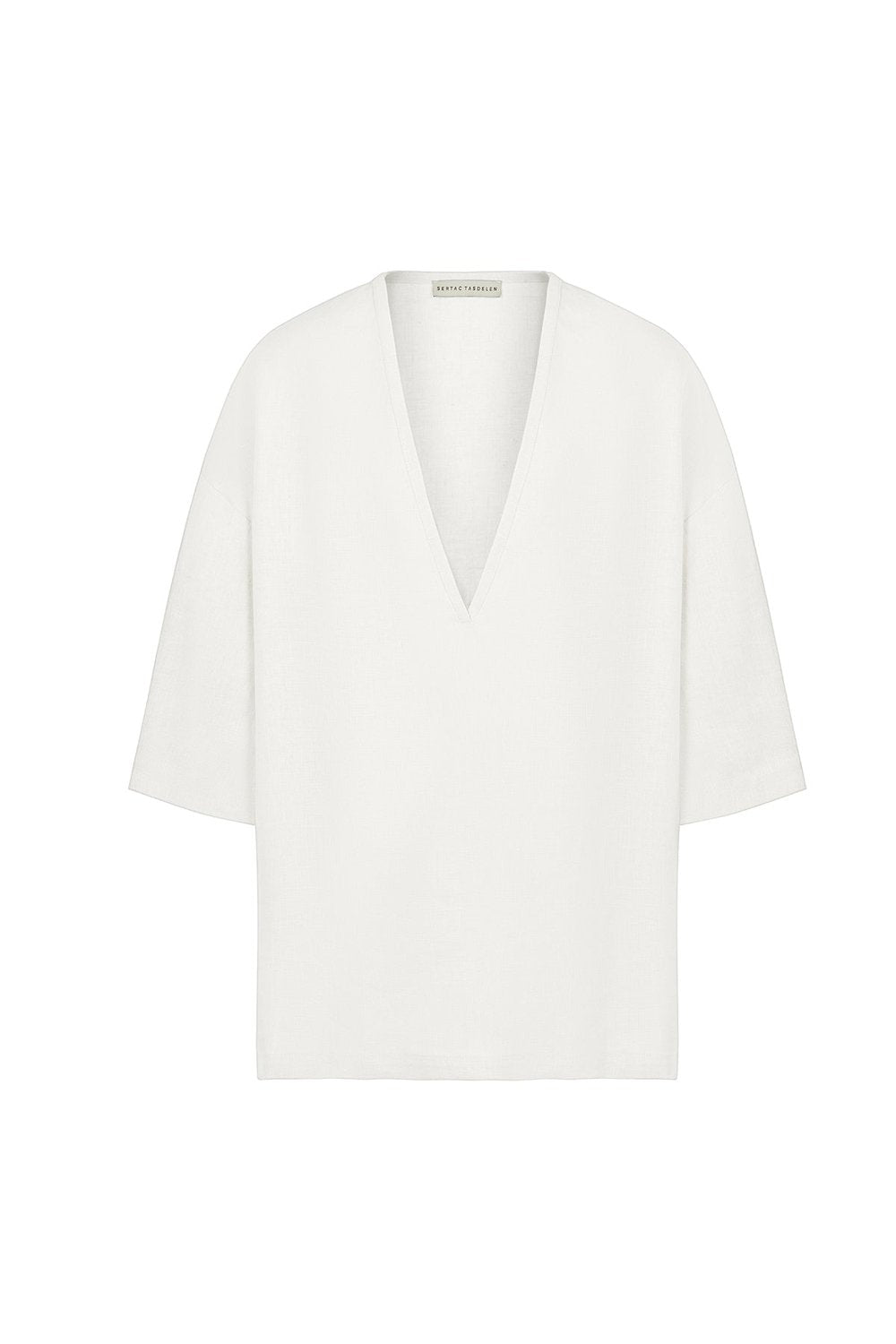 Sertaç Taşdelen-Beyaz %100 Keten Derin V Yaka Oversized Erkek T-shirt Model T 11-T-Shirts-3-Milagron.com