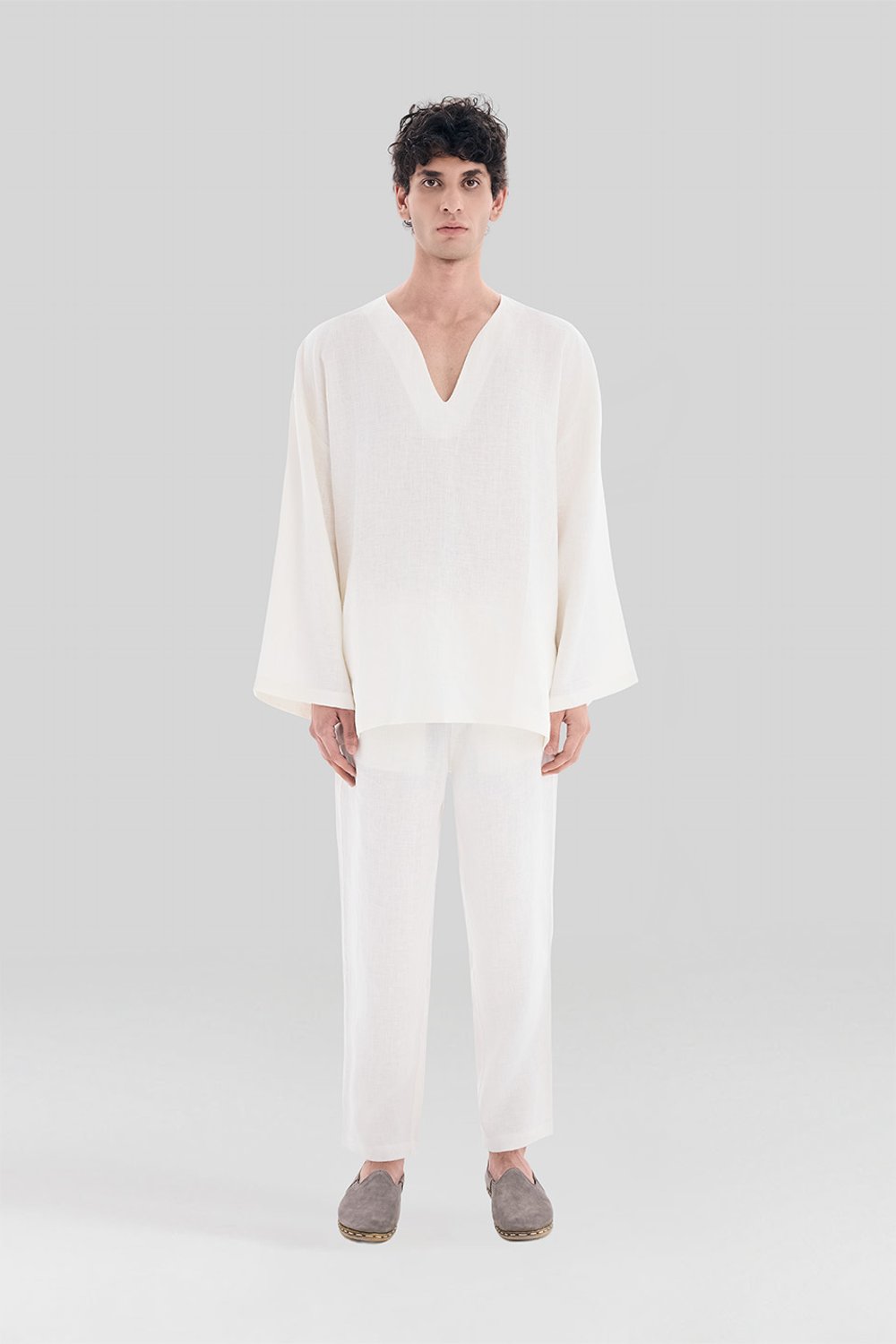 Sertaç Taşdelen-Beyaz %100 Keten V Yaka Oversized Erkek T-shirt Model T 15-T-Shirts-1-Milagron.com