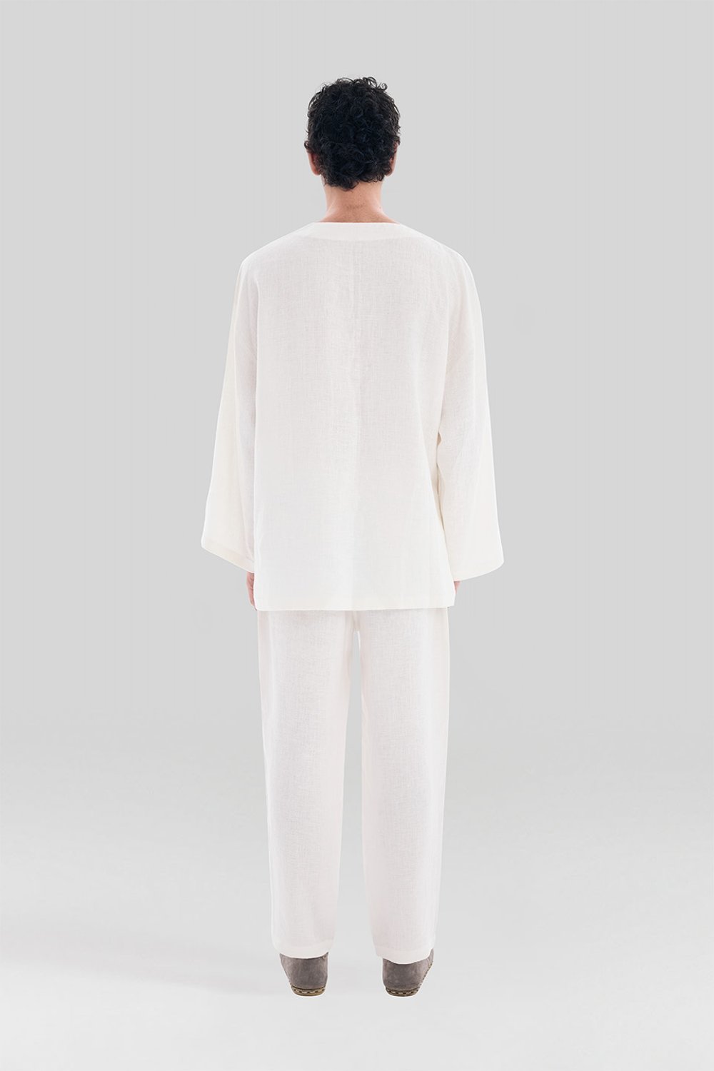 Sertaç Taşdelen-Beyaz %100 Keten V Yaka Oversized Erkek T-shirt Model T 15-T-Shirts-5-Milagron.com