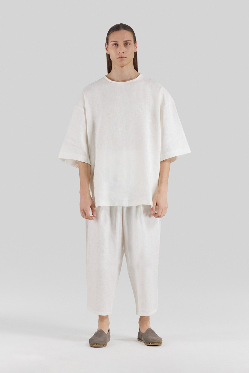 Sertaç Taşdelen-Beyaz %100 Keten Yuvarlak Yaka Oversized Erkek T-shirt Model T 07-T-Shirts-1-Milagron.com