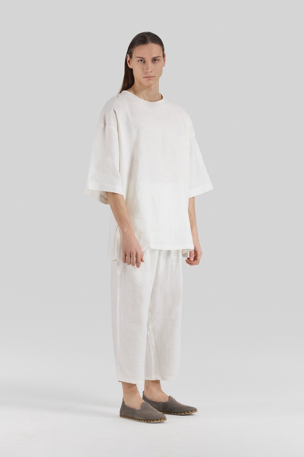 Sertaç Taşdelen-Beyaz %100 Keten Yuvarlak Yaka Oversized Erkek T-shirt Model T 07-T-Shirts-2-Milagron.com