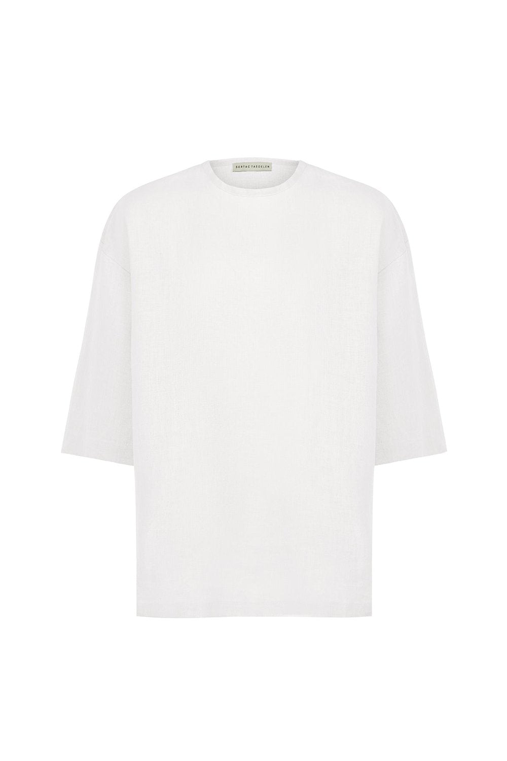 Sertaç Taşdelen-Beyaz %100 Keten Yuvarlak Yaka Oversized Erkek T-shirt Model T 07-T-Shirts-3-Milagron.com