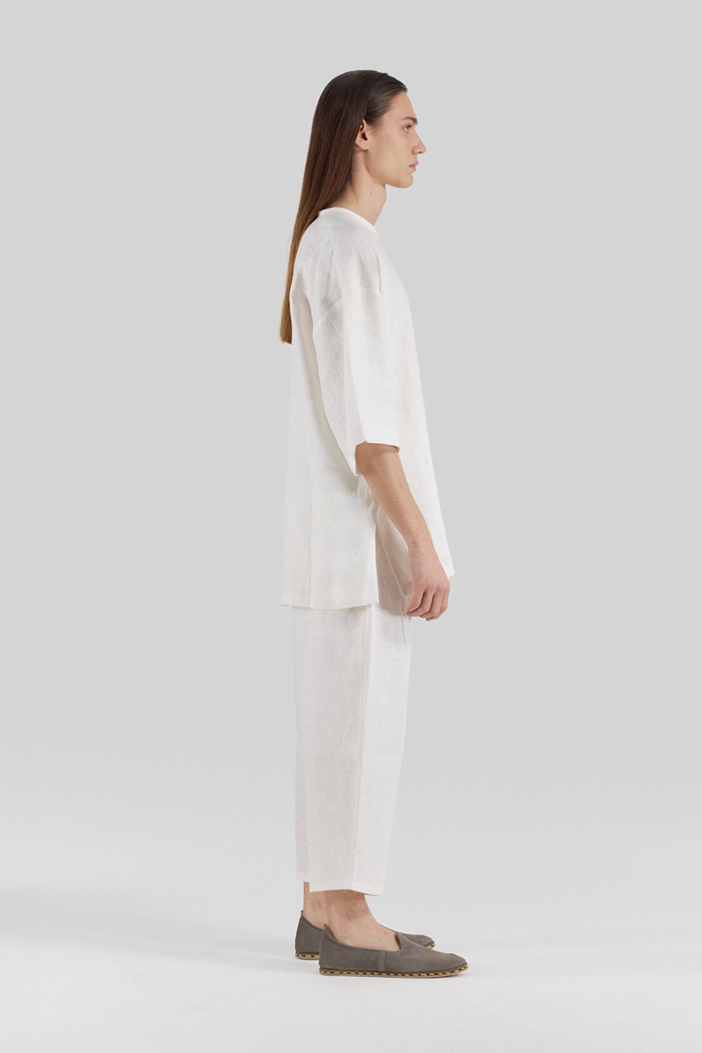 Sertaç Taşdelen-Beyaz %100 Keten Yuvarlak Yaka Oversized Erkek T-shirt Model T 07-T-Shirts-4-Milagron.com