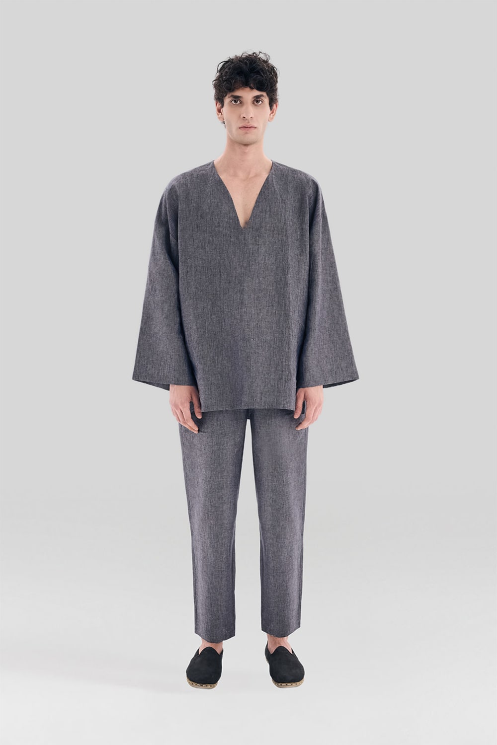 Sertaç Taşdelen-Gri %100 Keten Beli Lastikli Bağcıklı Fitted Bilek Boy Erkek Pantolon Model P 14-Pantolon-1-Milagron.com