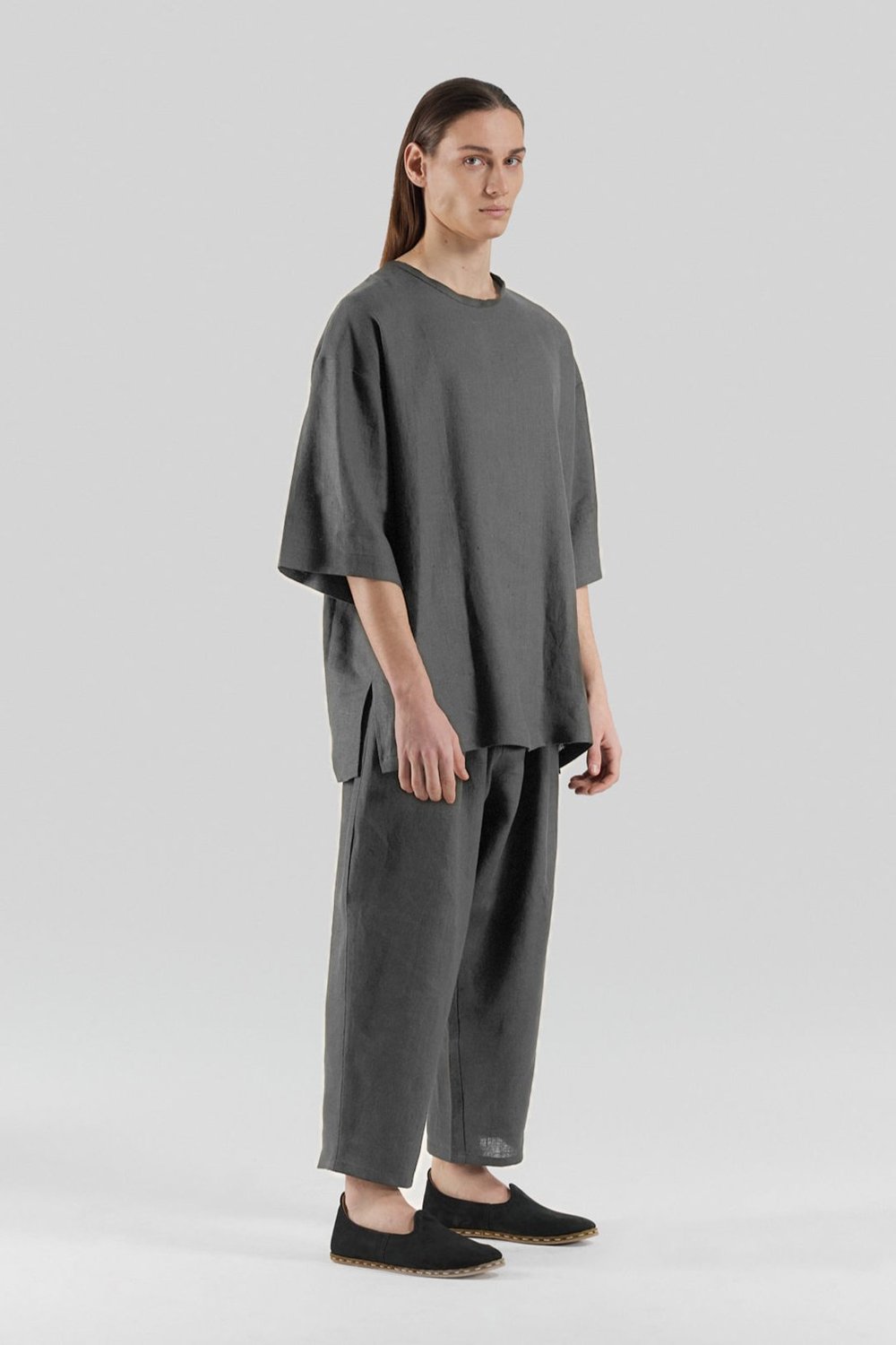 Sertaç Taşdelen-Gri %100 Keten Beli Lastikli Erkek Pantolon Model P 07-Pantolon-2-Milagron.com