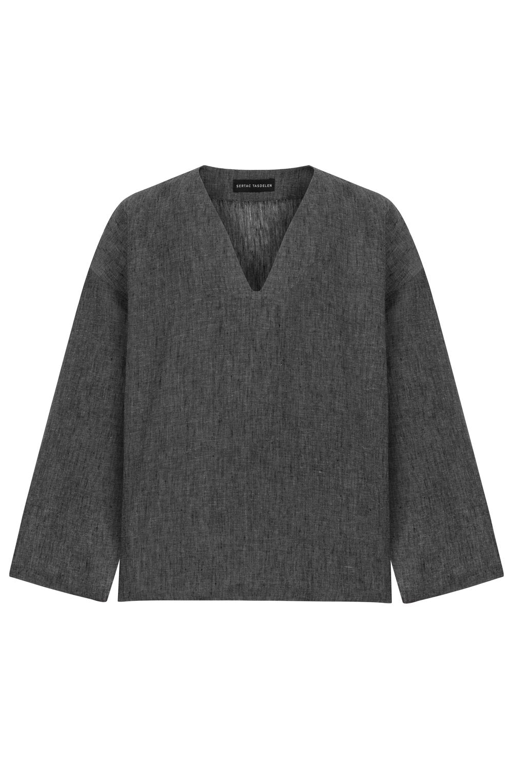 Sertaç Taşdelen-Gri %100 Keten V Yaka Oversized Erkek T-shirt Model T 18-T-Shirts-3-Milagron.com