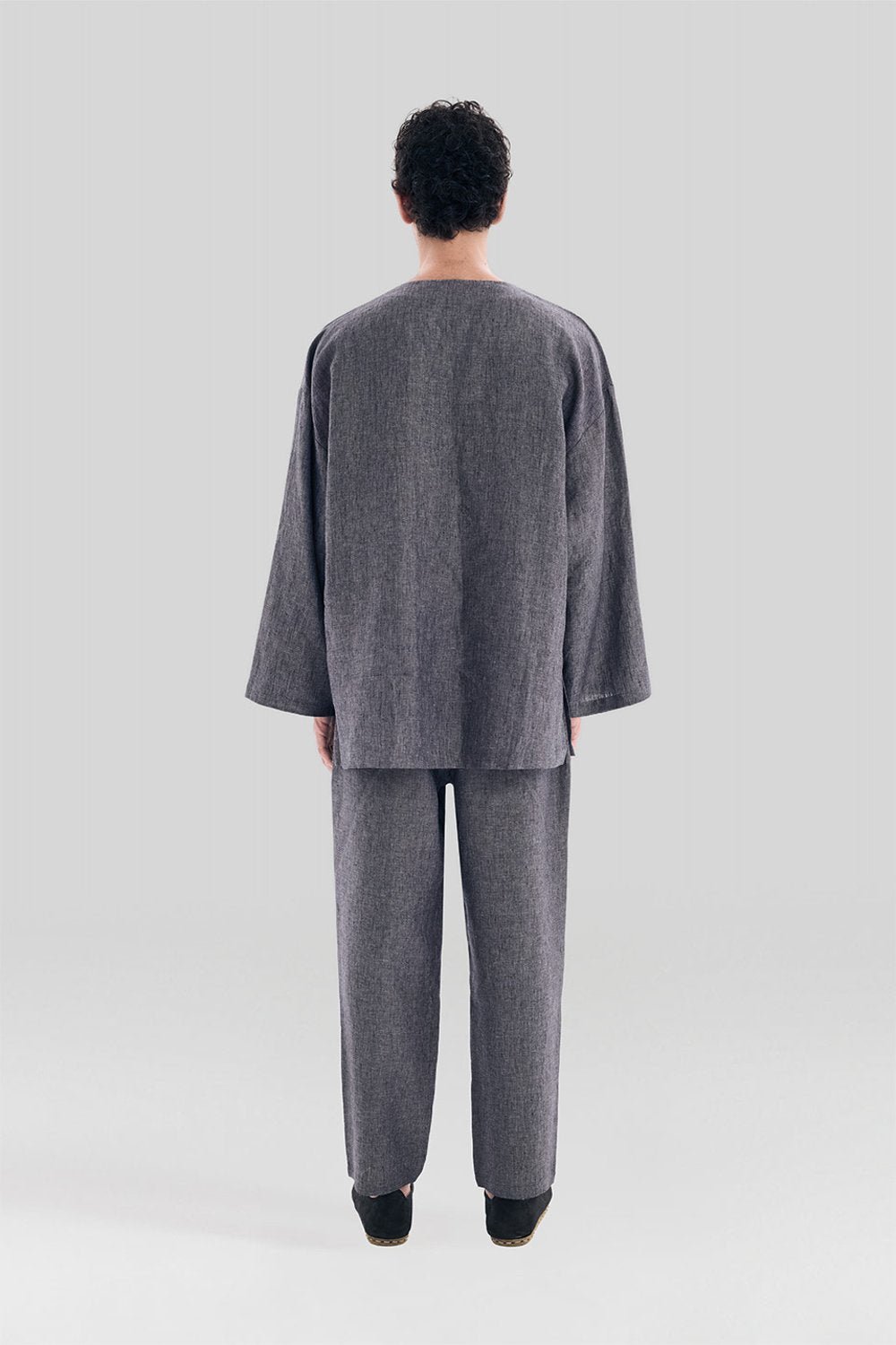 Sertaç Taşdelen-Gri %100 Keten V Yaka Oversized Erkek T-shirt Model T 18-T-Shirts-5-Milagron.com