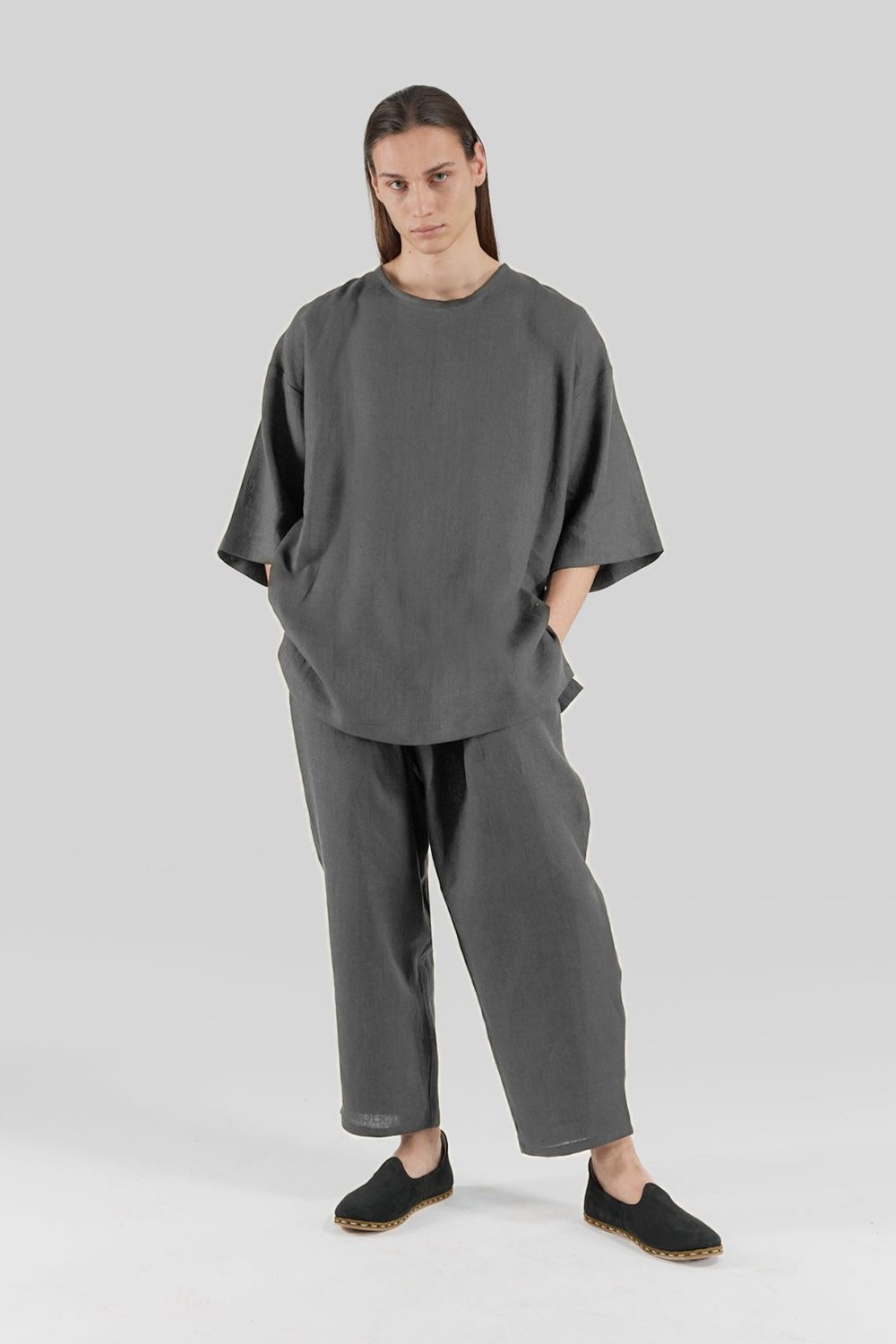 Sertaç Taşdelen-Gri %100 Keten Yuvarlak Yaka Oversized Erkek T-shirt Model T 14-T-Shirts-1-Milagron.com