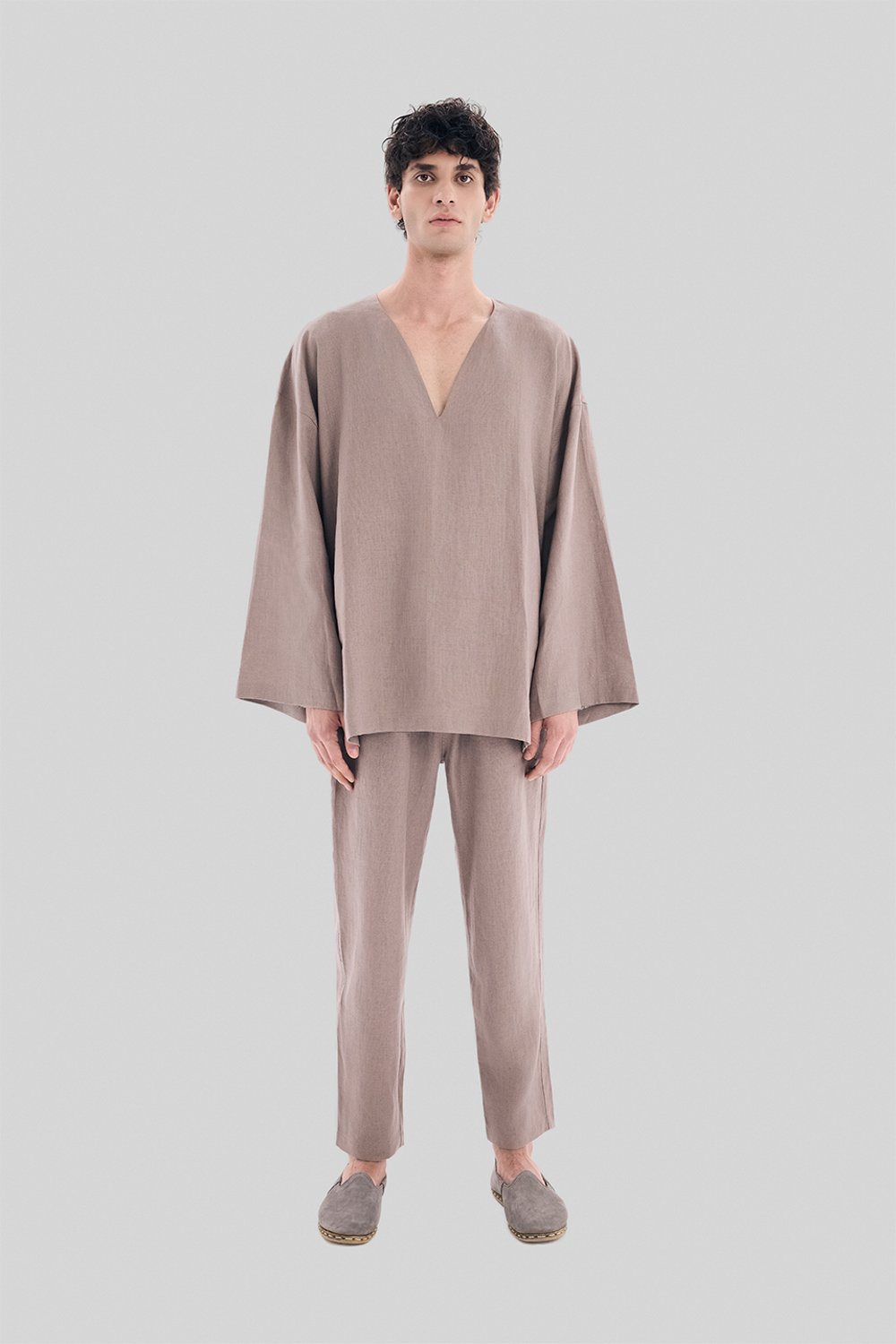 Sertaç Taşdelen-Koyu Kahverengi %100 Keten V Yaka Oversized Erkek T-shirt Model T 15-T-Shirts-1-Milagron.com