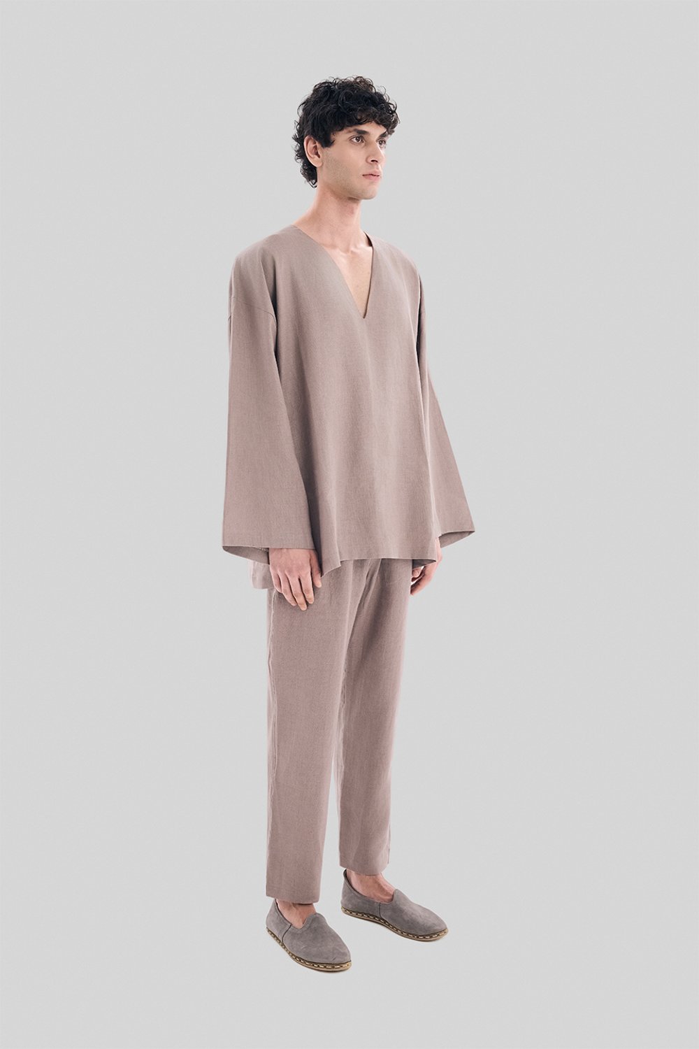 Sertaç Taşdelen-Koyu Kahverengi %100 Keten V Yaka Oversized Erkek T-shirt Model T 15-T-Shirts-2-Milagron.com