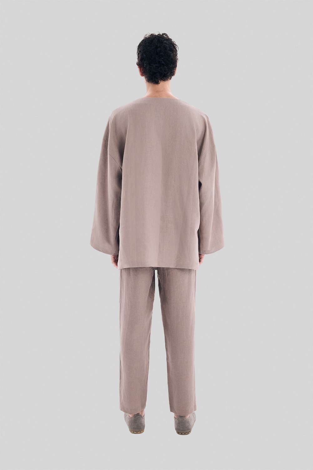 Sertaç Taşdelen-Koyu Kahverengi %100 Keten V Yaka Oversized Erkek T-shirt Model T 15-T-Shirts-5-Milagron.com