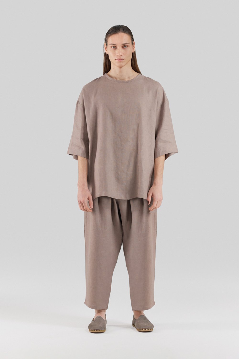 Sertaç Taşdelen-Koyu Kahverengi %100 Keten Yuvarlak Yaka Oversized Erkek T-shirt Model T 06-T-Shirts-1-Milagron.com