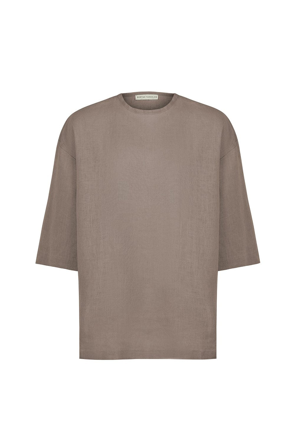 Sertaç Taşdelen-Koyu Kahverengi %100 Keten Yuvarlak Yaka Oversized Erkek T-shirt Model T 06-T-Shirts-3-Milagron.com