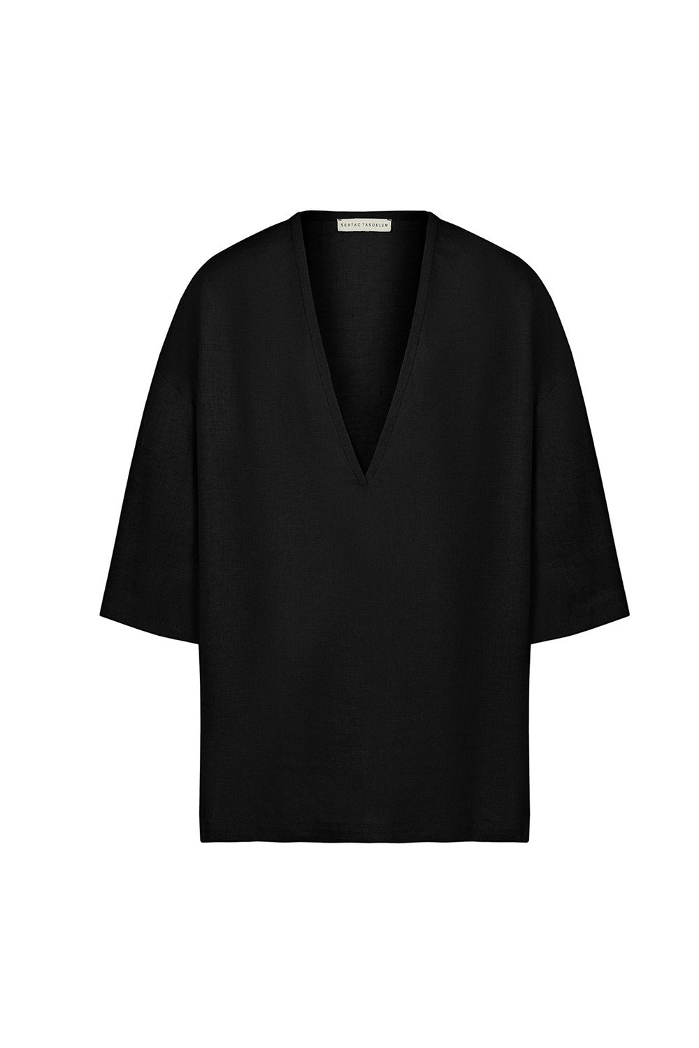 Sertaç Taşdelen-Siyah %100 Keten Derin V Yaka Oversized Erkek T-shirt Model T 09-T-Shirts-3-Milagron.com